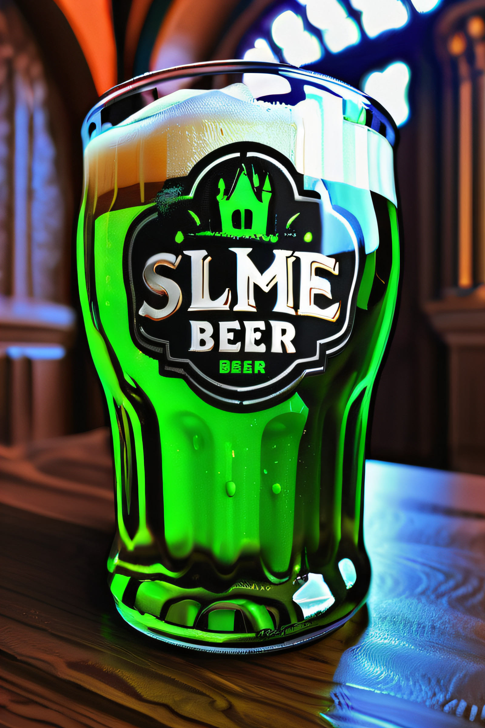 a pint of slimed beer, text"SLIME BEER" label, slime morph, sl1m3d, blacklight, fluorescent colors, interior castle foyer, humorous, photo realism