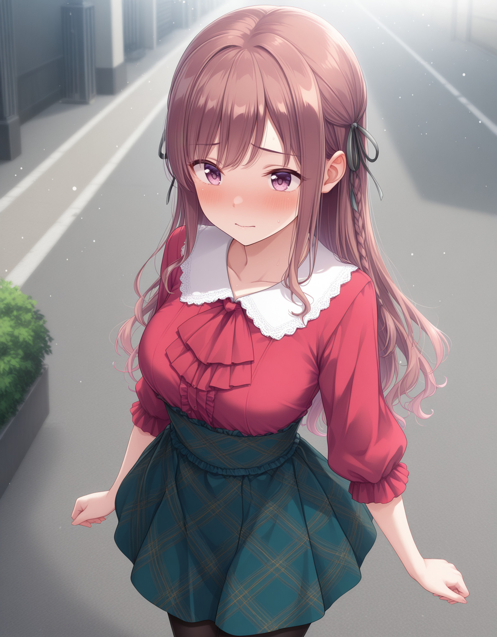 embedding:lazypos, particles, 1girl, Mizusawa Sayaka, brown hair, braid, hair ribbon, casual1, collarbone, white collar, red shirt, red ascot, frills, underbust, dark green skirt, plaid skirt, high-waist skirt, black pantyhose, flustered, outdoors

