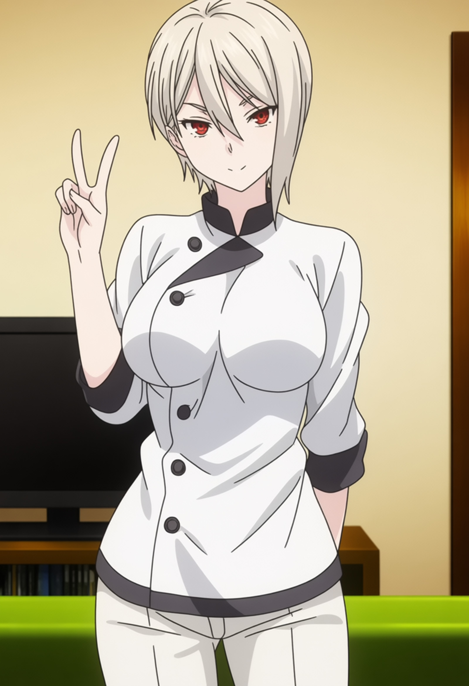 masterpiece, best quality, score_7, amazing quality,, cowboy shot, solo, looking at viewer, , <lora:alice-nakiri-s1-anima-lora-nochekaiser:1>, alice nakiri, nakiri alice, short hair, red eyes, white hair, hair between eyes, mature female, large breasts, anime screencap, pants, white pants, chef, long sleeves, sleeves rolled up,, v,, living room, television, couch,