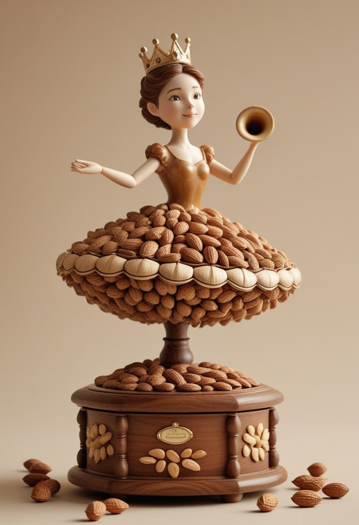A whimsical vintage gramophone musical box made entirely of nuts, (gramophone body and large horn constructed from walnuts:1.4), rich dark walnut shell texture, detailed bumpy surfaces, 

(musical box base and platform made of hazelnuts:1.35), warm golden-brown hazelnut texture, intricate layered shell details, 

(spinning little princess made entirely of almonds:1.45), elegant almond-shell princess with smooth light beige almond texture, flowing almond-shell dress, tiny almond face, delicate features, peanut crown, arms gracefully raised, (princess spinning on the music box platform:1.4), dynamic rotation pose, 

floating music notes made of peanuts:1.3, small golden peanut shell music notes dancing in the air, 

everything nut-textured, limited warm brown color palette, shades of walnut brown, hazelnut gold, almond beige and peanut caramel, (minimalist composition:1.35), clean simple background, clear elegant lines, high clarity, 

masterpiece, best quality, highly detailed nut textures, sharp focus, aesthetic, charming, whimsical