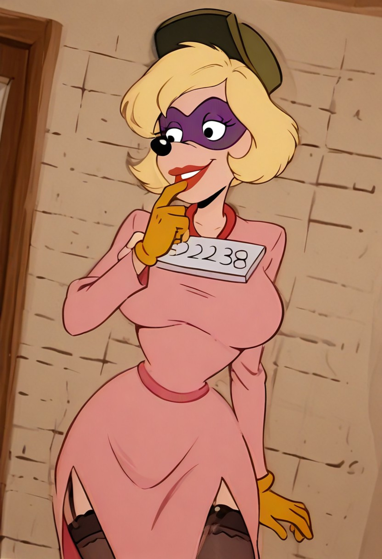masterpiece, best quality, amazing quality, cartoon screencap, high quality, 8k, absurdres, official style, <lora:boomboomv2:1>, boomboom, 1girl, solo, furry female, blonde hair, short hair, black eyes, red lips, lipstick, domino mask, green hat, pink dress, long sleeves, yellow gloves, looking at viewer, smile, cowboy shot, side slit, black thighhighs, garter strap, text, number, 382238, prisoner placard, sign hanging from neck, finger on lips, indoors, mugshot, jail