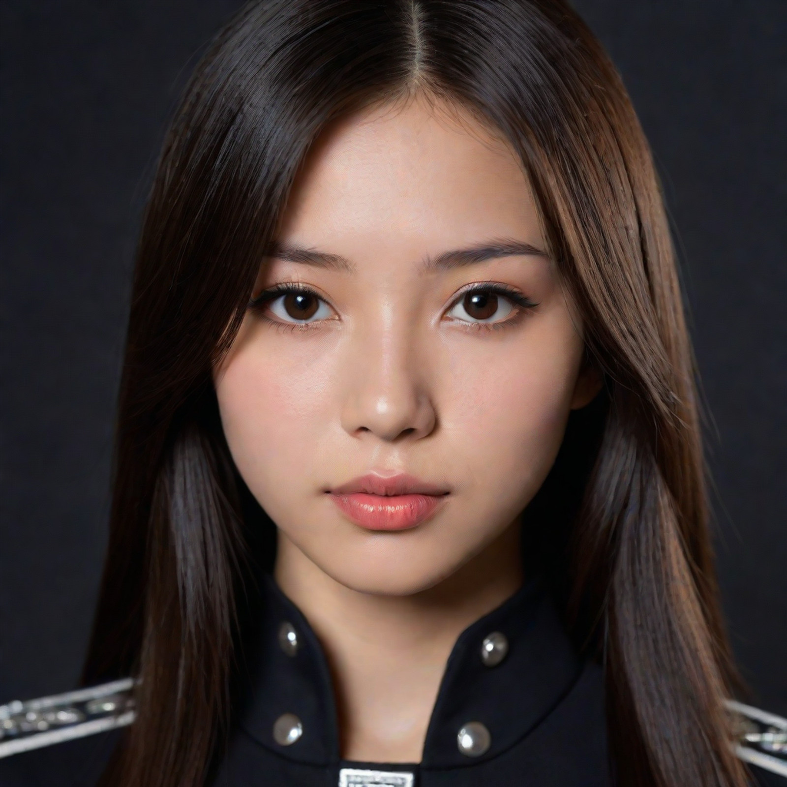 **Character Focus & Shot:**
(Close-up portrait of a new generation Japanese metal idol:1.4), (dancer and vocalist), (high fashion editorial look:1.2), (masterpiece), (best quality).

**Facial Features:**
(Heart-shaped face with slightly fuller cheeks), (soft and elegant features), (clear, bright complexion).
**Eyes:** (Large, slightly downturned eyes), giving an innocent appearance, with defined lower lashes and (subtle natural eye makeup).
**Nose & Lips:** (Delicate, slightly wider nose), (fuller, softer lips) in a matte dark red color.
**Expression:** (Determined but calm expression:1.2), radiating a focused energy.

**Hair & Attire:**
(Long, very straight, dark hair:1.3), worn loose and flowing over the shoulders, with a (simple middle part) and no bangs.
Wearing a (modern black idol uniform:1.2), military-style jacket with silver buttons, black studded choker.

**Lighting & Quality:**
(Studio lighting with strong key light from above), (dramatic shadow play on the face), deep dark background (black/charcoal), 16:9 aspect ratio, (photorealistic skin detail), high-end photography.