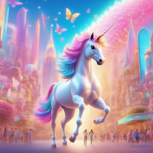 A futuristic cyberpunk city street completely transformed into a magical rainbow unicorn utopia, towering skyscrapers capped with giant sparkly unicorn horns, oceans of pastel glows and rainbow gradients replacing neon lights. In the center, a majestic robotic-unicorn hybrid with flowing iridescent mane-hair prancing gracefully. The air is filled with glowing butterfly swarms and glittering candy floss clouds. Hyper-detailed, vibrant cinematic lighting, highly aesthetic, whimsical, masterpiece, enchanted dreamscape, SFW.