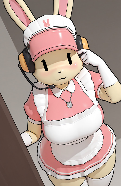 masterpiece, best quality, newest, absurdres, lazypos, solo
lucytf, bunny ears, dot eyes, microphone headset, visor cap, necklace, beige fur, 3D
maid outfit, pink maid dress, white apron, frilled apron, white gloves, white thighhighs, headband
 <lora:lucy-the-bun-tf_ILL:1>