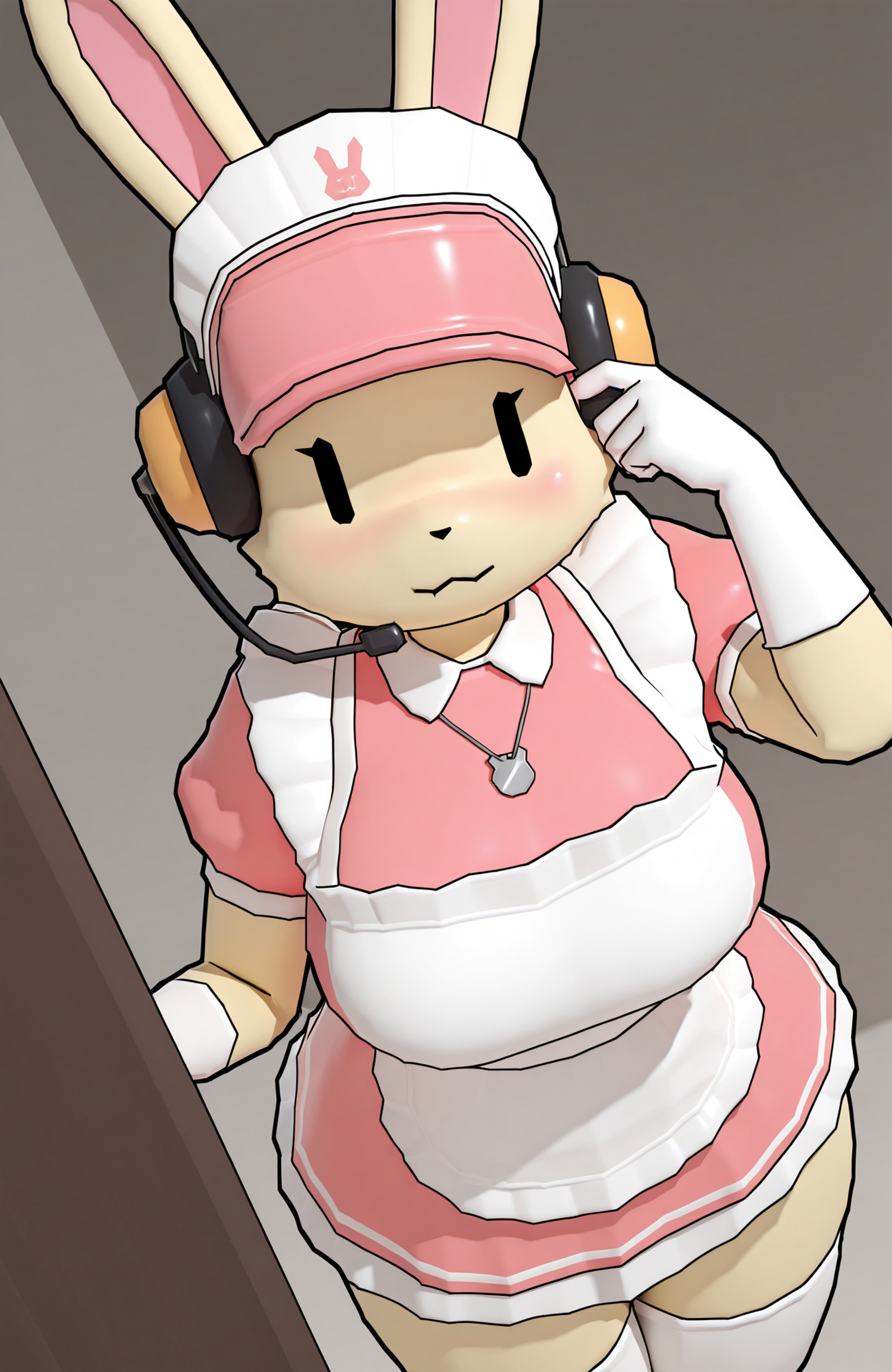 masterpiece, best quality, newest, absurdres, lazypos, solo
lucytf, bunny ears, dot eyes, microphone headset, visor cap, necklace, beige fur, 3D
maid outfit, pink maid dress, white apron, frilled apron, white gloves, white thighhighs, headband
 <lora:lucy-the-bun-tf_ILL:1>
