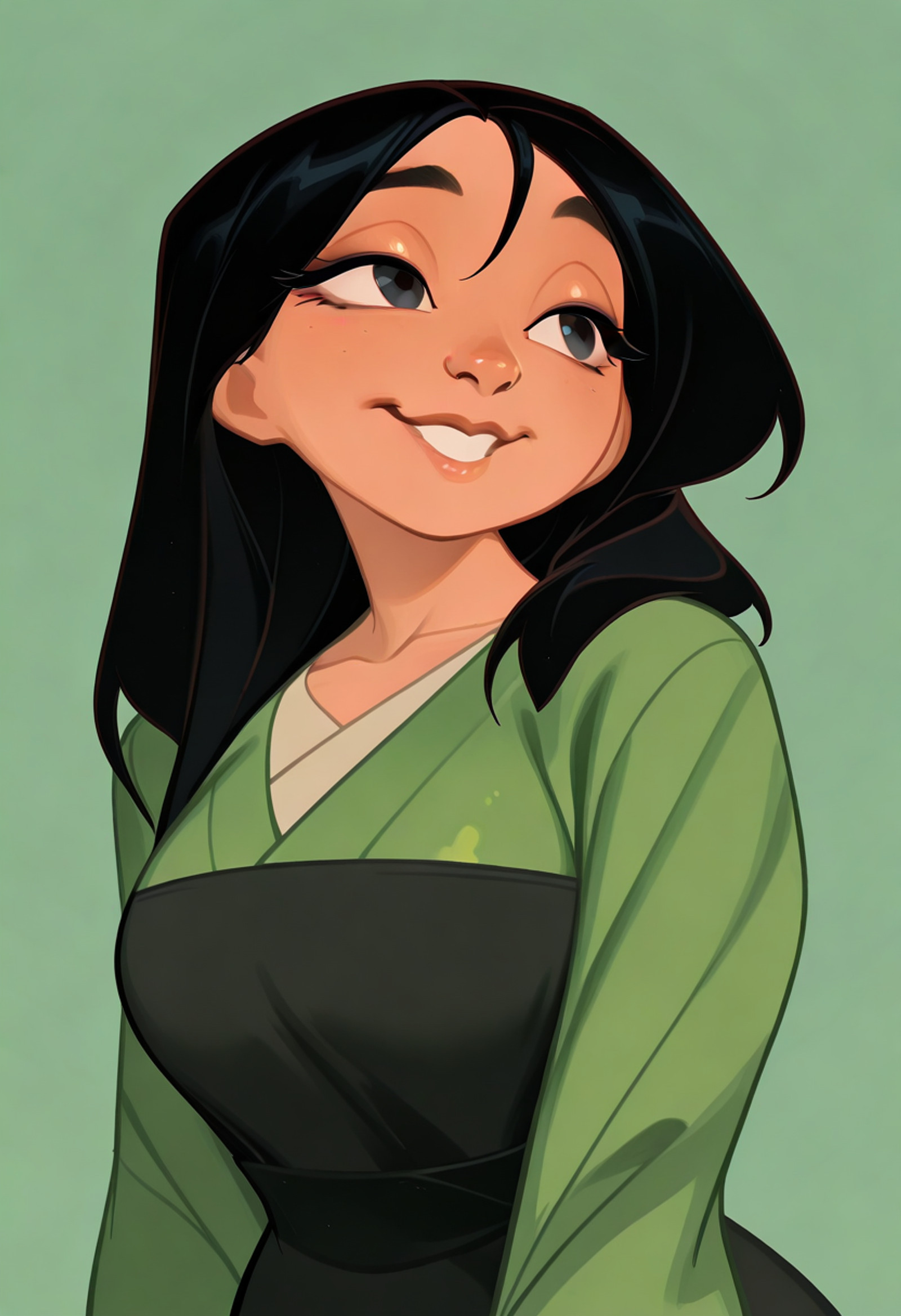 <lora:MulanIllustrious1_0JLFO_epoch_20:1> mulan, black hair, 1girl, black eyes, solo, long sleeves, long hair, smile, upper body, portrait, looking at viewer, simple background,, masterpiece, best quality, amazing quality, very aesthetic, absurdres