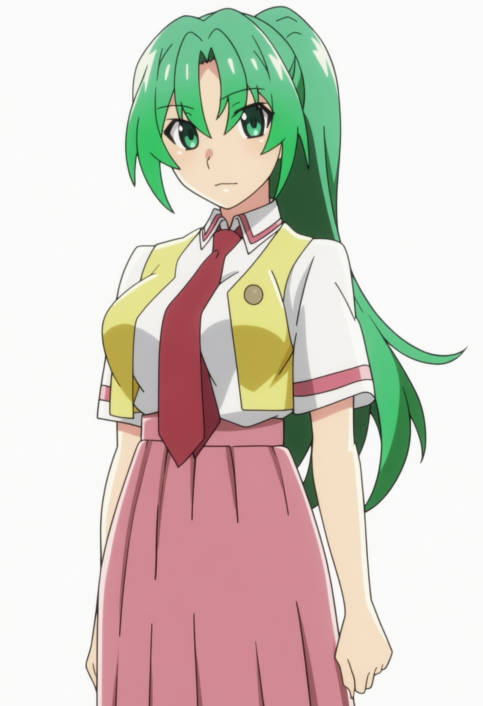 masterpiece, best quality, score_7, amazing quality,, cowboy shot, solo, looking at viewer, transparent background, simple background, white background, <lora:mion-sonozaki-s4-anima-lora-nochekaiser:1>, mion sonozaki, sonozaki mion, long hair, green eyes, ponytail, green hair, mature female, large breasts, anime screencap, skirt, shirt, white shirt, short sleeves, necktie, vest, red necktie, pink skirt, high-waist skirt, long skirt, open vest, yellow vest,, spread eagle position, control tower, air traffic, windows,