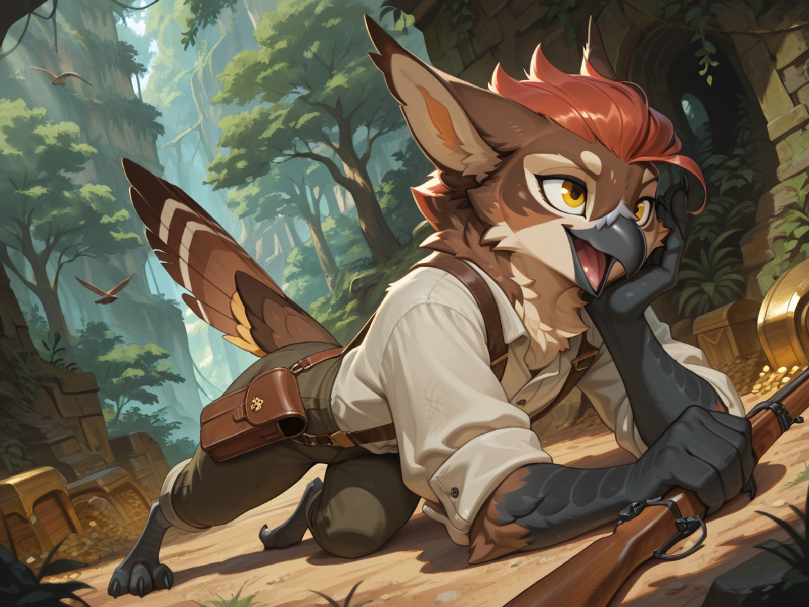 masterpiece, best quality, very aesthetic, 4k, newest, scenery, fullbody, high angle, vibrant colors, subtle shading,

solo, 1 owl man hiking between overgrown ruins,  avian, short and parting red hair, yellow eyes, even eyes, tilted head, short beak, laughing, relaxed pose, brown fur, (body feather, body fur, bodyfur:1.2), feathers, brown bird, blonde feathers, sturdy build, shirt, rolled up sleeves, rough fabrics, trousers with suspenders, roughed up clothing, leather satchel, black hands, holding bolt-action rifle at ease, sharp fingers, dynamic angle, 

outdoors, ancient forrest, treasure hunt, midday, detailed feather, volumetric lighting