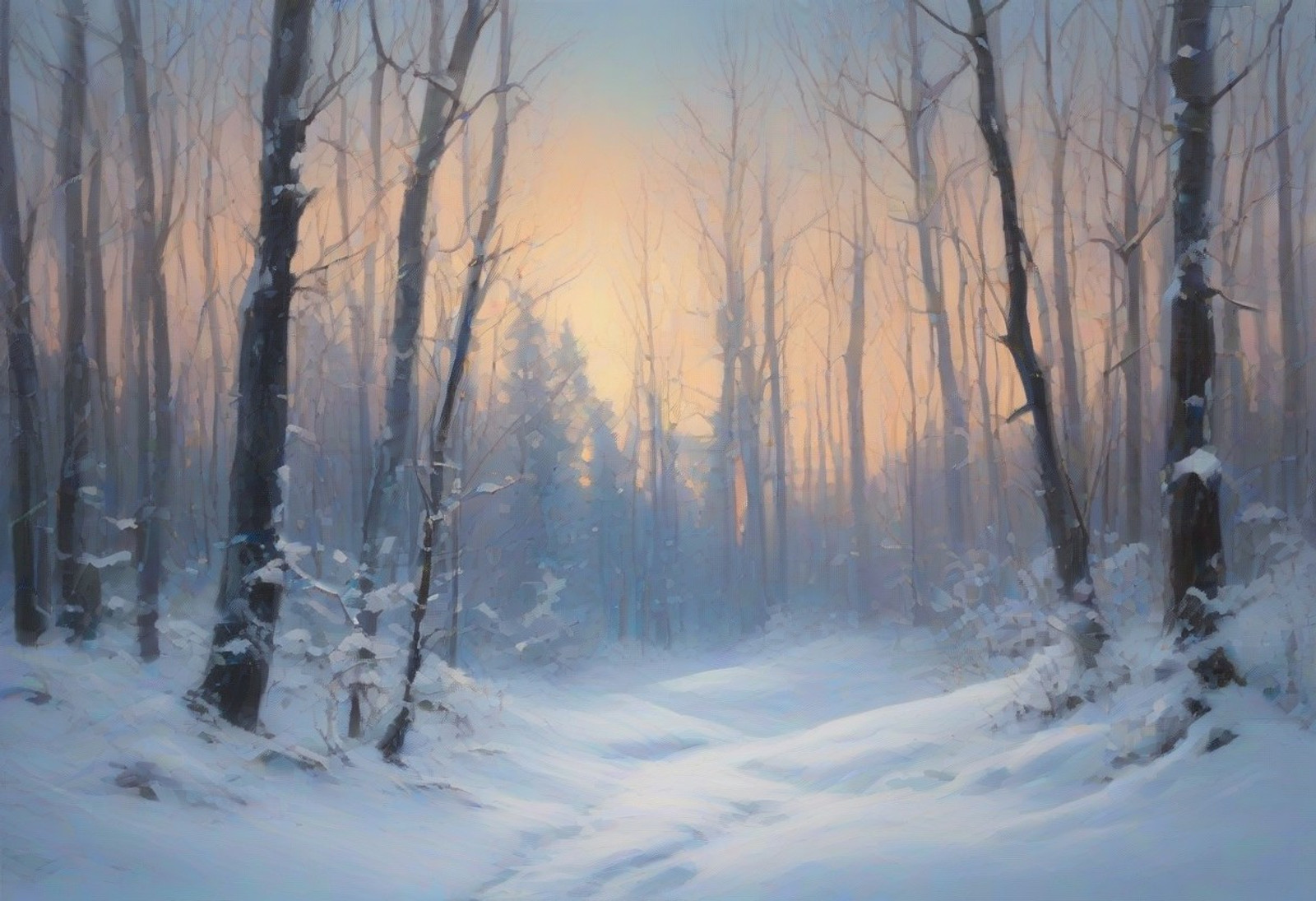 masterpiece, lazypos, best quality, amazing quality, highres, very detailed, very aesthetic, (landscape1.4), perfect image. a snow covered forest at twilight, "Cinematic" art style.