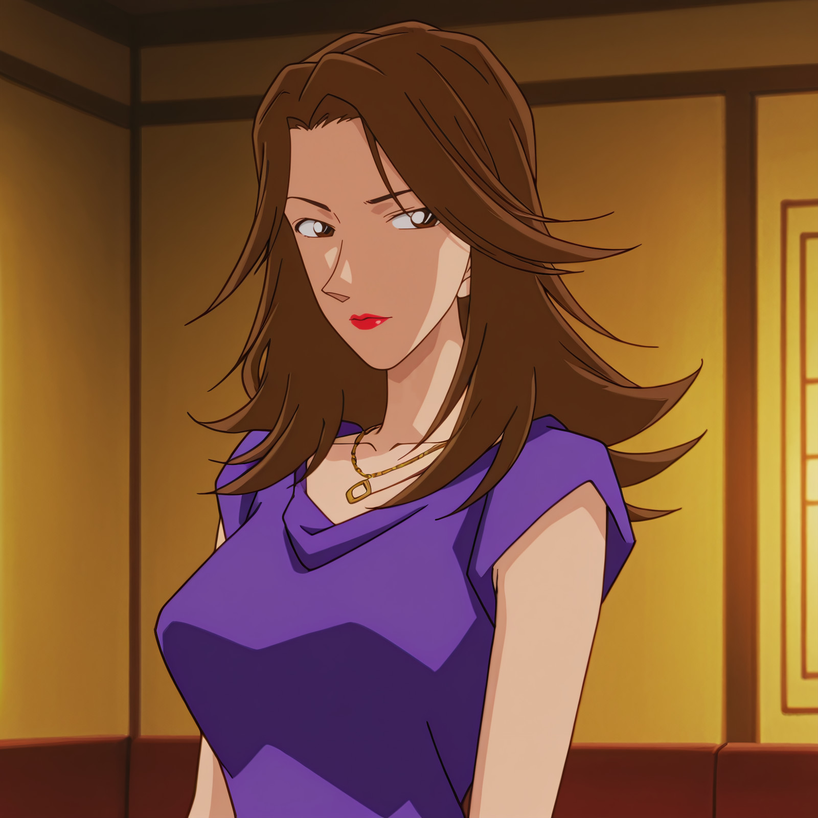 highres, ultra-detailed,very aesthetic,best quality, 5 fingers, rakugakingu
uncensored, (cirima:0.7), anime coloring,  (blurry background,:1.3)  , dim lighting, 

1girl,  jinnotamaki, brown hair, long hair, lipstick, red lips, brown eyes,mature female, 
 necklace, dress
