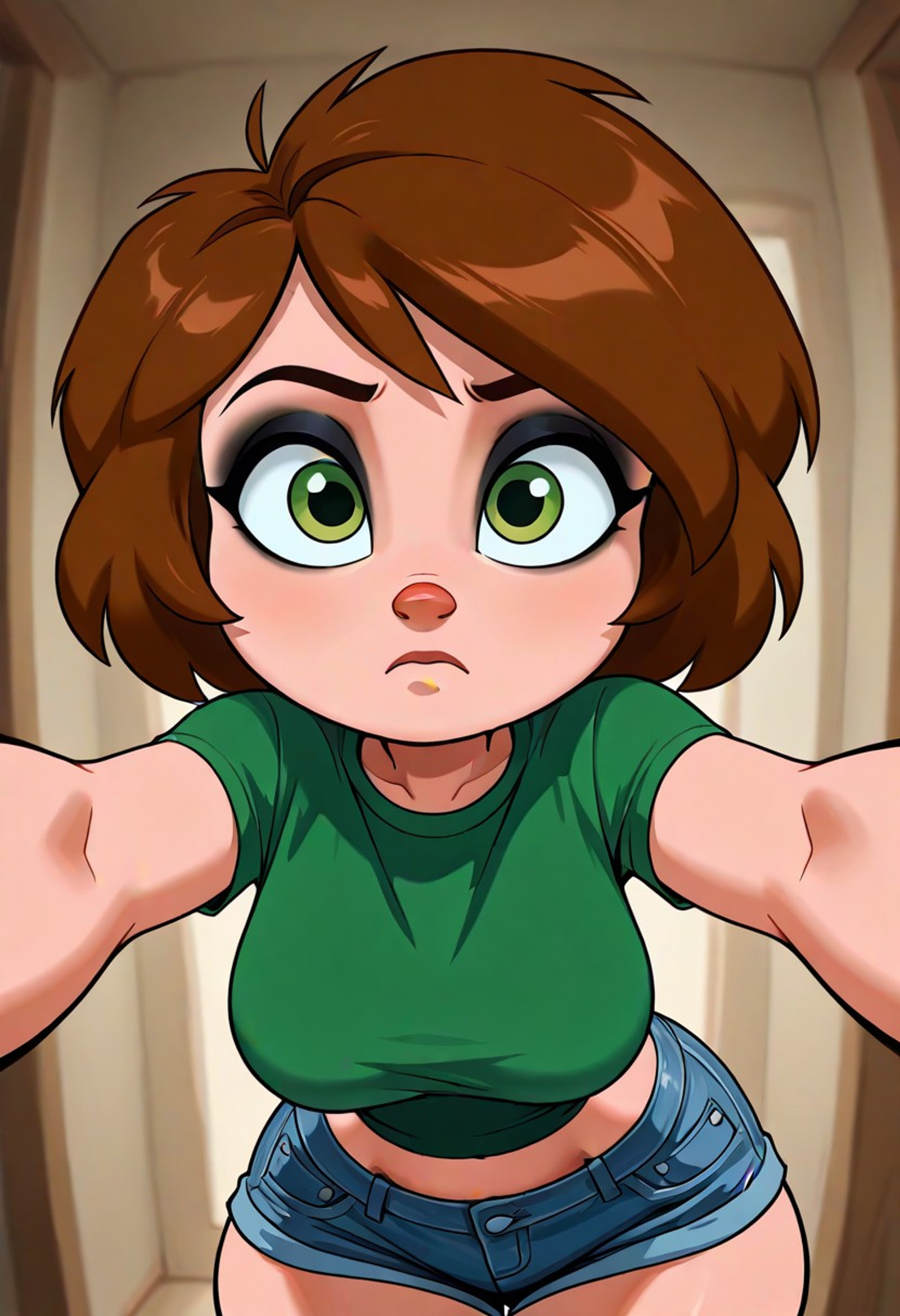 best quality, absurdres, high quality, 
toon \(style\), 
 <lora:Aunt_Cass:0.75> auntcass, brown hair, short hair, green eyes, black eyeshadow, eyeliner, busty, curvy, wide hips, narrow waist,
1girl, green shirt, short sleeves, denim shorts, midriff peek, 
leaning forward, reaching towards viewer,
