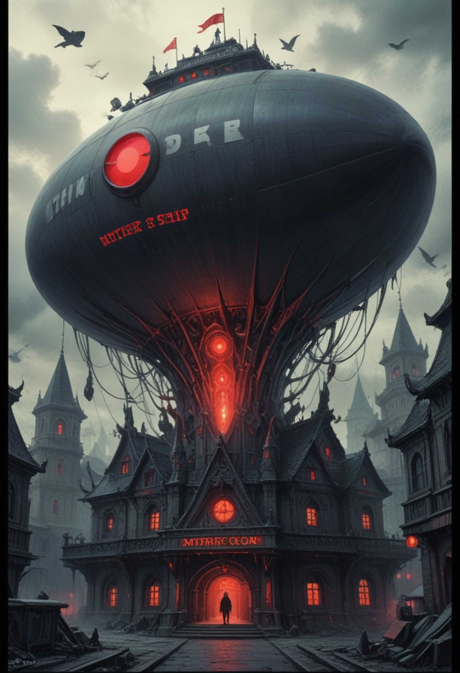 adrr shaman, 
Artistic illustration featuring a stylized allegorical narrative centered on a classic theme with a strong sense of drama and nostalgia. Bold reds, blacks, muted grays used to evoke high contrast and drama. Clean lines, flat colors, repetitive motifs creating visual rhythm. Thick border resembling an old poster frame or comic-book aesthetic giving a vintage feel. Overall mood is anticipation or commemoration evoking early days of music or cultural events associated with the band's Mother Ship. Dominant vivid saturated red forms background and main subject (a blimp), striking focal point. Extensive black used for high contrast especially in background behind the blimp and beneath train station structure. Base of train station rendered in gray providing three dimensional appearance and subtle depth. Off white accent colors include text borders and highlights on the blimp to stand out against dark areas. Punk or 80s rock aesthetics bold raw and edgy while maintaining recognizability. The Blim sleek elongated dirigible floats diagonally from upper left toward center right features two prominent horizontal stripes small thin white lines at each end to indicate wings or tail shapes a red triangular nose section at the front symbolizing propulsion or identity a small red tag hanging from its rear tail positioned above a train station suggests something moving transitioning or perhaps part of a narrative journey. The Train Station located at the bottom center illustrated as if sitting atop or adjacent to the blim Features symmetrical architecture with two prominent towers on either side Each tower has a large circular window or display panel above it The central building displays a glowing red logo near its peak possibly referencing the band name Mother Ship implies mother boat Below the main entrance a single vertical line marks the doorway leading down toward the ground Large speaker like circles flank both sides of the front door suggesting sound systems or entertainment zones The station appears sturdy and functional grounding the fantastical nature of the blim. Ledezpelun appears at the top in a bold distressed font resembling early typewriter letters or industrial block letters sits above the blim in white text with black outlines Motherwritten over the surface of the blimp itself in large uppercase sans-serif lettering with thick black stroke and slightly lighter red fill inside the slats repeated vertically along one side of the blim giving it a layered or segmented look.
adrr shaman,