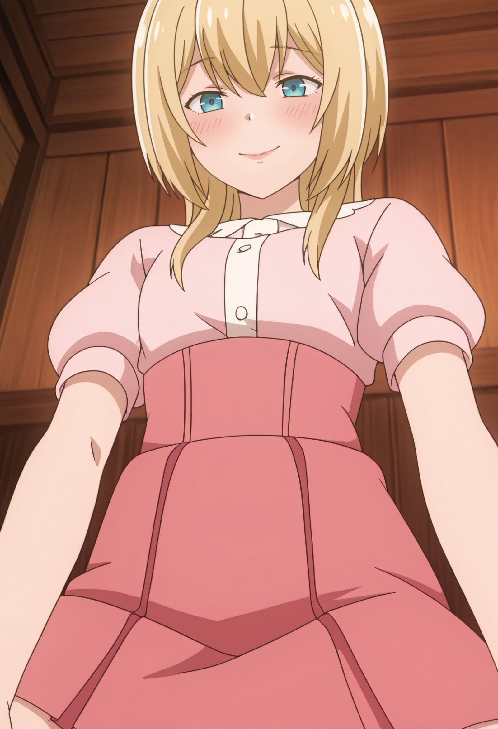    masterpiece, best quality, amazing quality, anime_screencap, Eyes locked on camera, slow smile, lips parted, slightly panting, hint of a blush, SNSLurie, blonde_hair, long_hair, blue_eyes, hair_between_eyes, sidelocks,  solo, LurieShirt, pink_shirt, short_sleeves, pink_skirt, puffy_short_sleeves, puffy_sleeves, high-waist_skirt, dress_shirt,  kneeling, from below, low-angle view, <segment:girl's face,0.55,0.2//cid=11> Eyes locked on camera, slow smile, lips parted, slightly panting, hint of a blush, SNSLurie, blonde_hair, long_hair, blue_eyes, hair_between_eyes, sidelocks, 