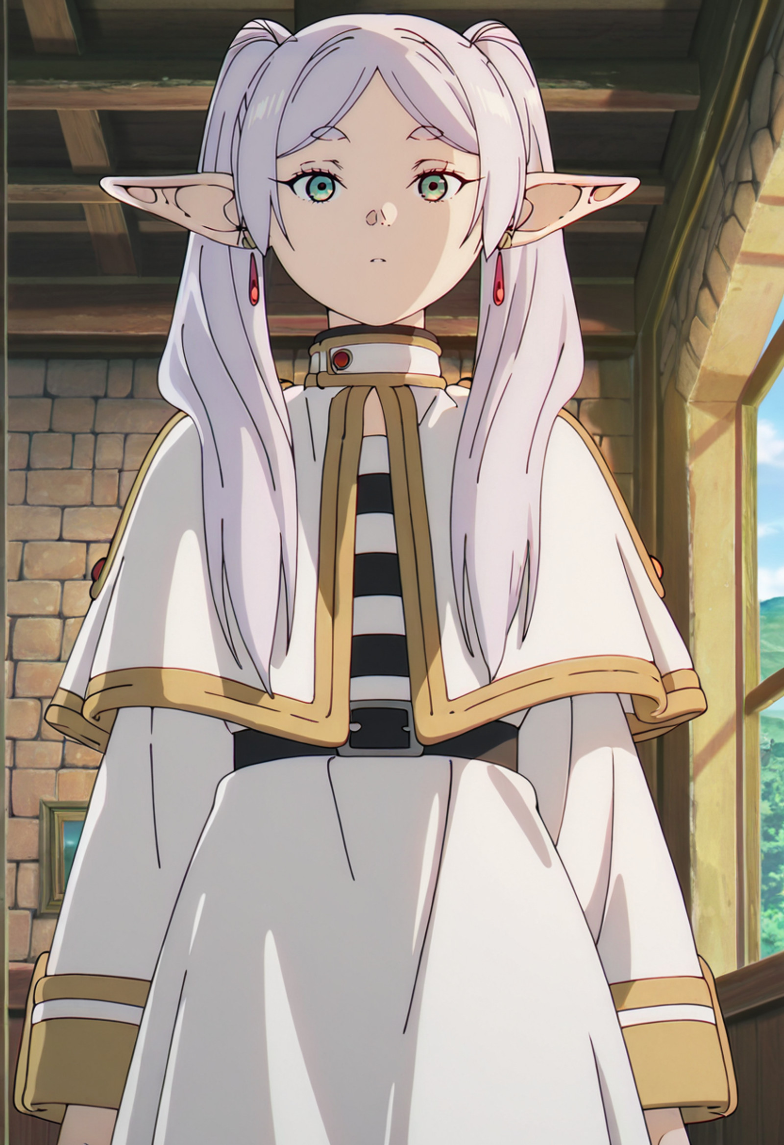 masterpiece, best quality, amazing quality, looking at viewer, official style, source anime, anime style, anime screencap, day, indoors,  <lora:Frieren_Sousou_no_Frieren:1> frierensousounofrieren, solo, 1girl, long hair, twintails, white hair, green eyes, dangle earrings, white capelet, white dress