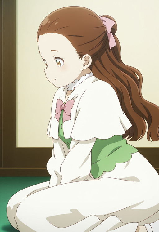 masterpiece, best quality, amazing quality, anime_screencap, anime_coloring, Eyes wide with yearning, gentle smile, flushed face, looking down in reverence, soft panting with nervousness, ENSKate, long_hair, brown_hair, brown_eyes, wavy_hair, hair_pulled_back, hair_ribbon, green_ribbon, half_updo, forehead, solo,  KateOutfit, pink_bow, green_vest, white_dress, pink_bowtie, white_capelet, long_sleeves, frilled_choker, long_dress, kneeling, from side, high-angle view,, <segment:girl's face,0.55,0.2//cid=11> Eyes wide with yearning, gentle smile, flushed face, looking down in reverence, soft panting with nervousness, ENSKate, long_hair, brown_hair, brown_eyes, wavy_hair, hair_pulled_back, hair_ribbon, green_ribbon, half_updo, forehead,