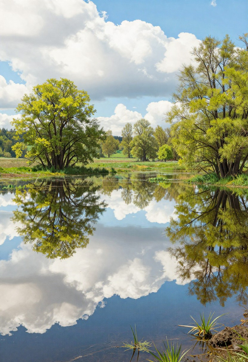 Amivireg art style, Vibrant spring flood of the Oka River in Kaluga region, vast flooded meadows creating mirr