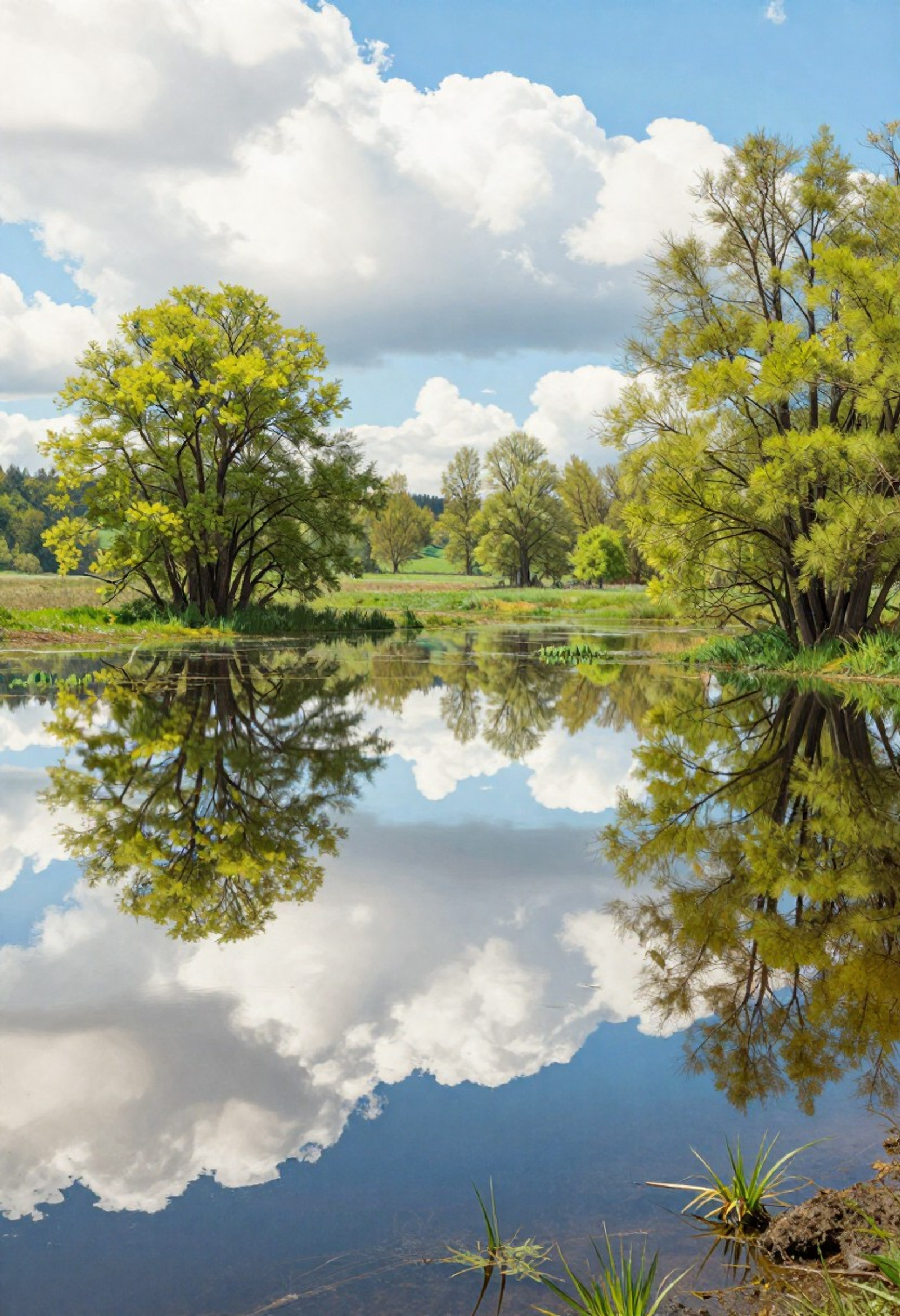 Amivireg art style, Vibrant spring flood of the Oka River in Kaluga region, vast flooded meadows creating mirror-like reflections of the sky and clouds, fresh bright green young leaves appearing on trees, bright sunny spring day with fresh atmosphere, sense of renewal and awakening nature, crystal clear water, highly detailed reflections and textures, breathtaking beautiful landscape, ultra realistic, 8k, masterpiece