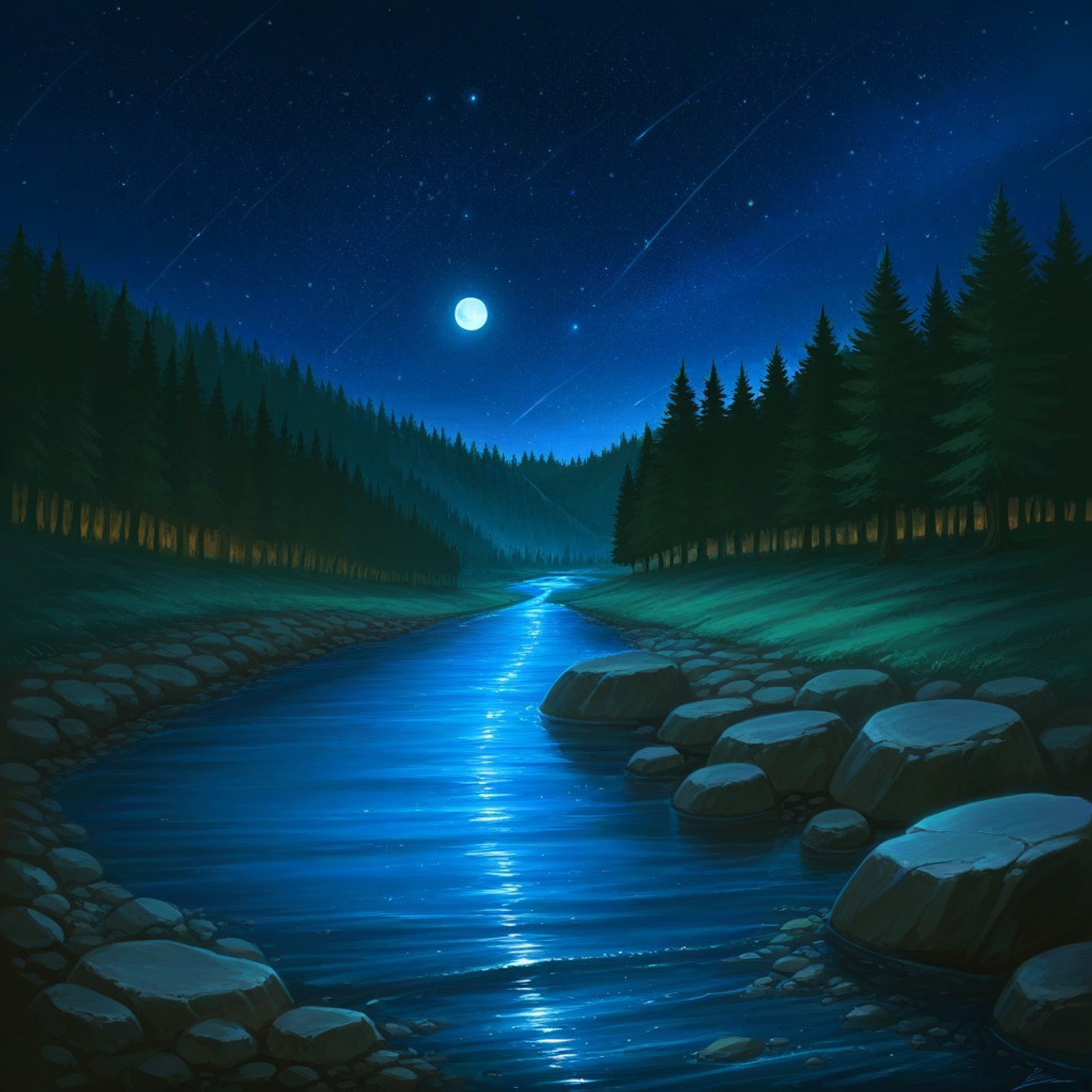 night, no humans, landscape, moon, star (sky), field, river, rocks, stones in the river, forest, high quality, full HD, highres, cinematic lighting