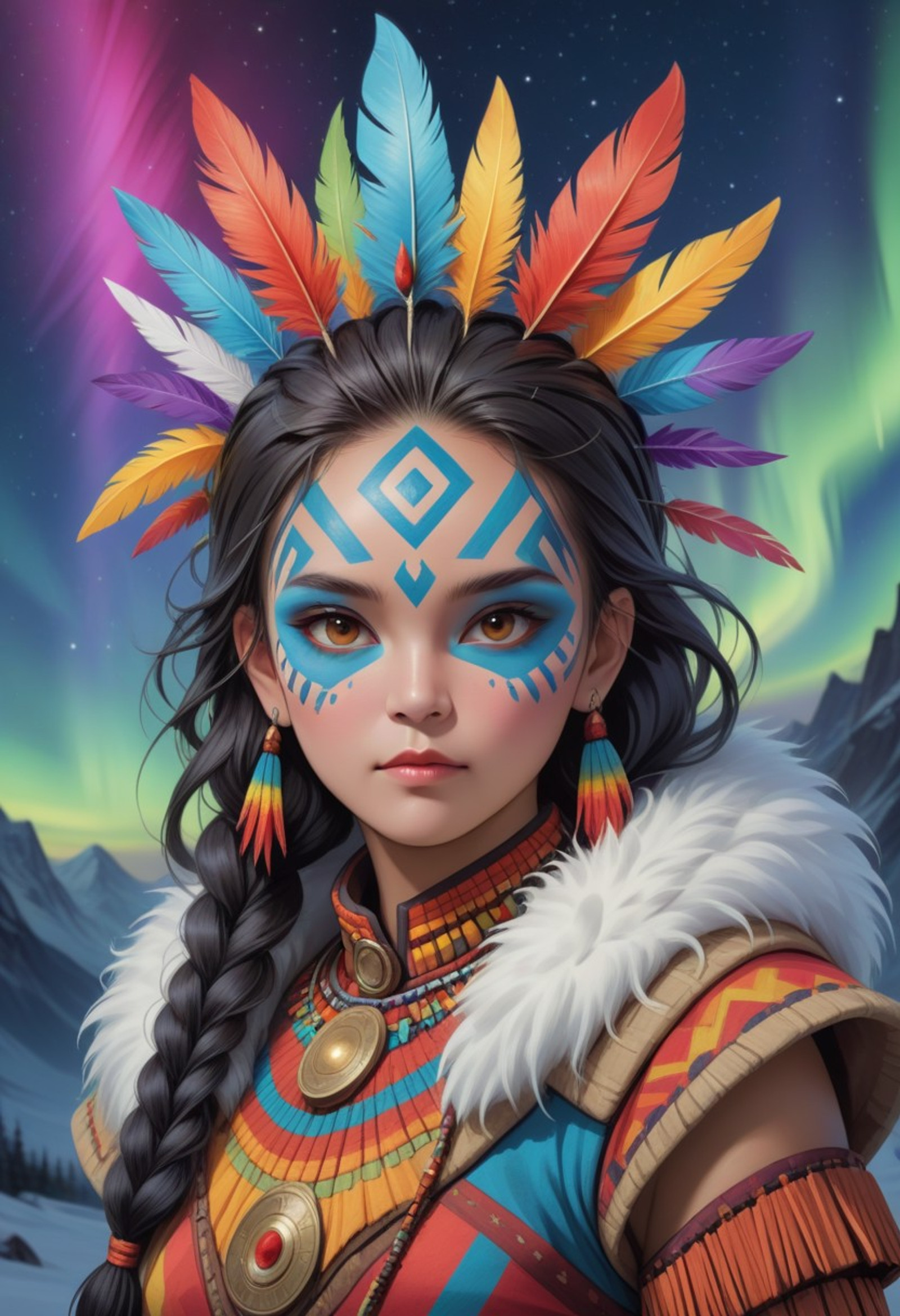 SFW, SmoothNoob_Quality, semi_realistic, , 1girl , 19yo girl,  shaman girl , geometric tribal face painting,mystical cosmic entity, thick long braid,  wearing fur covered rainbow   armor  colorfull feathers headgear,, holding staff made of ice, starry night with milk road background, aurora borealis at the sky,
, Smooth Quality, masterpiece, high_quality, highres, sharp_focus, adrr shaman,