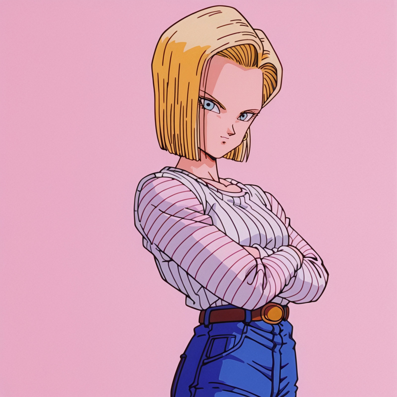 <lora:Android18DBZ_illustrious_v1:.7> Android18DBZ, 1girl,  blonde hair, earring, short hair, blue eyes, 1990s (style), retro artstyle , cowboy shot, sweater, jeans