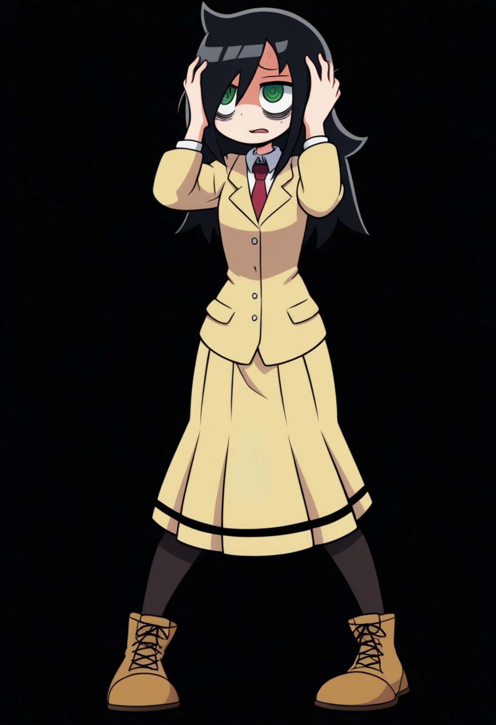 best quality, amazing quality, very aesthetic, absurdres, hands on head, drolling, imagination,
1girl,solo, 
Tomowata,black hair, green eyes,spiral eyes, no pupils, eye bag,Long hair, messyhair, unkempt strands over head and shoulders, shortstack,schoolunifrm,beige coat, long-sleeved coat,  red tie, white shirt, shirt under coat, beige skirt, flared skirt,black leggings, brown boots, lace up boots, leg warmer, 
,transparent background, simple colored background,