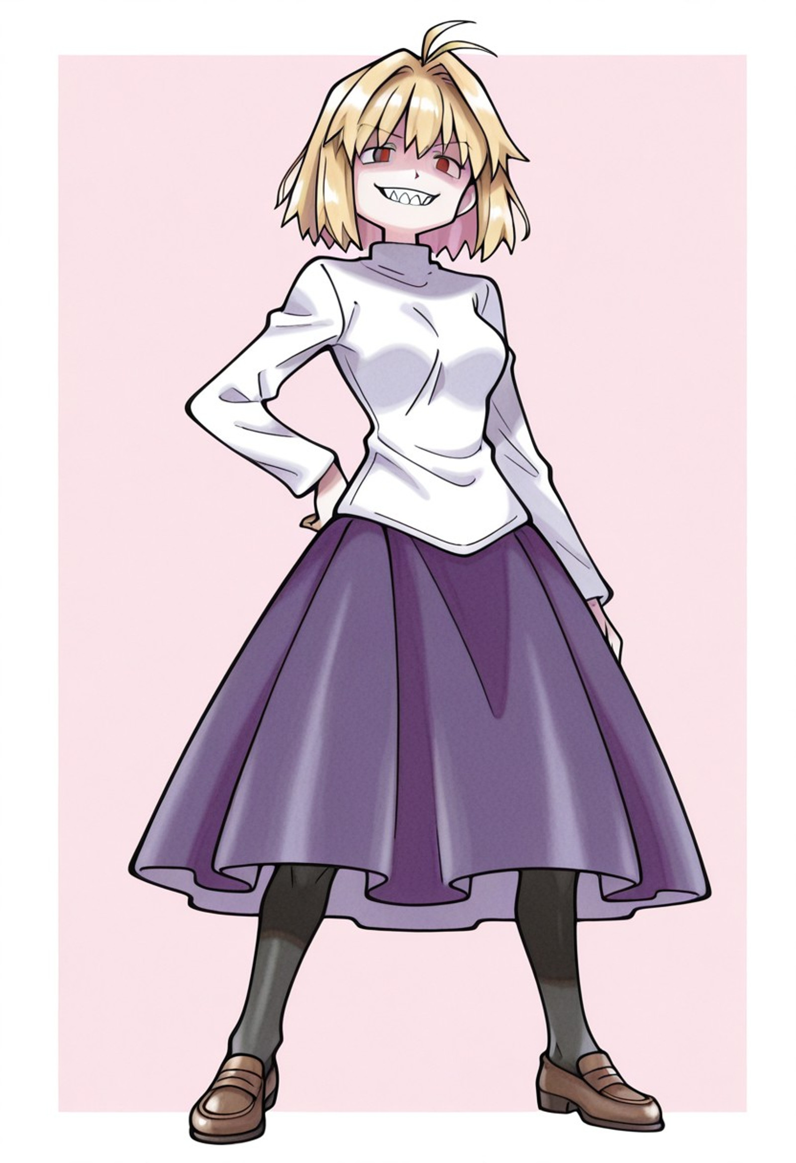 Ken_Sug@mori, watercolor \(medium\), hand on hip [hip sway], 
1girl, solo, red arcueid, dead eyes, evil smile, unhinged hair, sharp teeth, purple long skirt, black pantyhose, brown loafers, [bloodied],