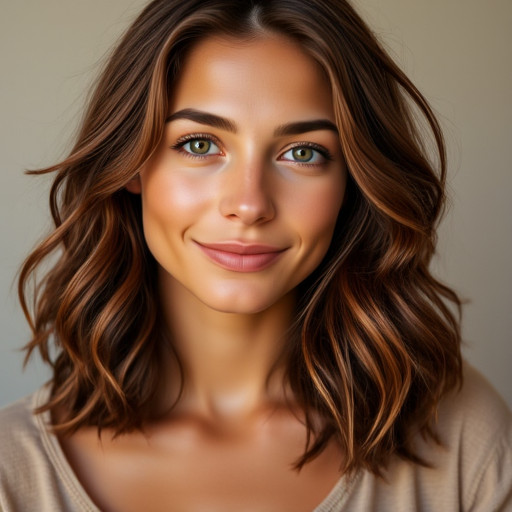 luna_valdes, 1girl, woman, portrait, realistic, natural light, wavy hair, brown hair, green eyes, olive skin, solo