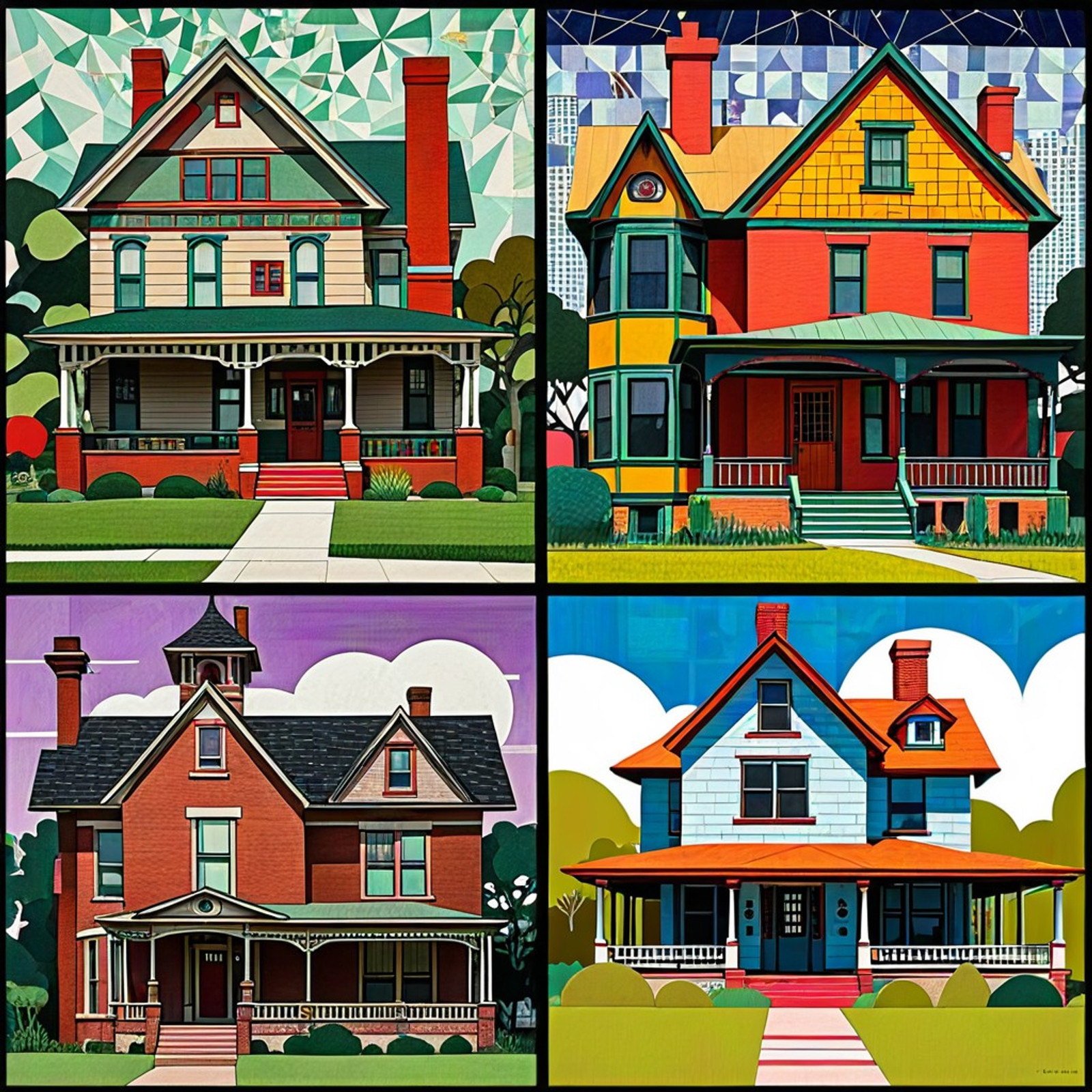 Frank Lloyd Wright: Across the Prairie-Verse houses in spiderverse collage style with "romare bearden" and "clementine hunter" patchwork, ragtime/Buddy-Bolden-era homes