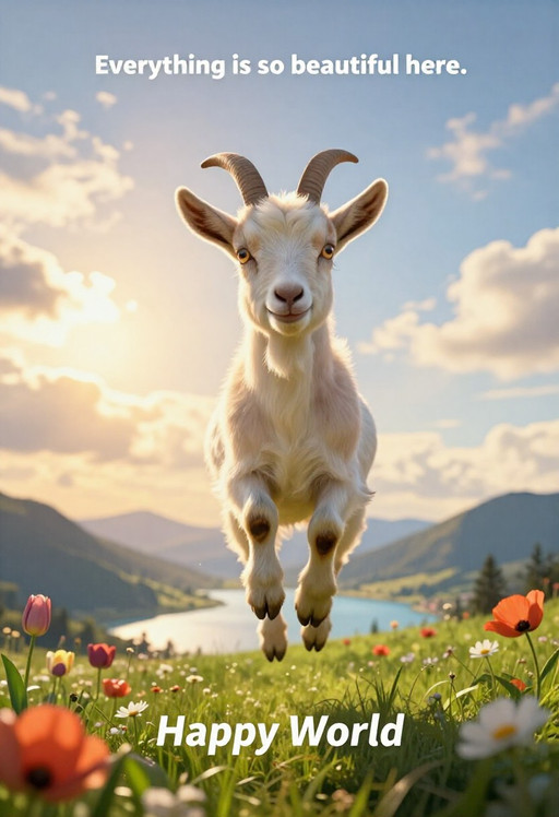 A semi-realistic fantasy illustration capturing a hauntingly beautiful young  goat leaping joyfully into the air, its gaze locking directly with the viewer. The goat features flawless, expressive eyes and soft, detailed fur texture. The composition is set against a vast, luminous sky during golden hour, with warm backlighting creating dramatic shadows and illuminating delicate volumetric haze. Below, a pristine landscape of lush green grass blooms with wildflowers including tulips, poppies, and daisies, leading to distant mountains and valleys surrounding a serene lake. The lighting is cinematic with color grading that enhances the atmosphere of freedom and joy. Text overlays are present: "Everything is so beautiful here." at the top center and "Happy World" at the bottom center, integrated subtly into the scene. Intricate details, breathtaking realism, award-winning digital painting style with expressive atmospheric depth.