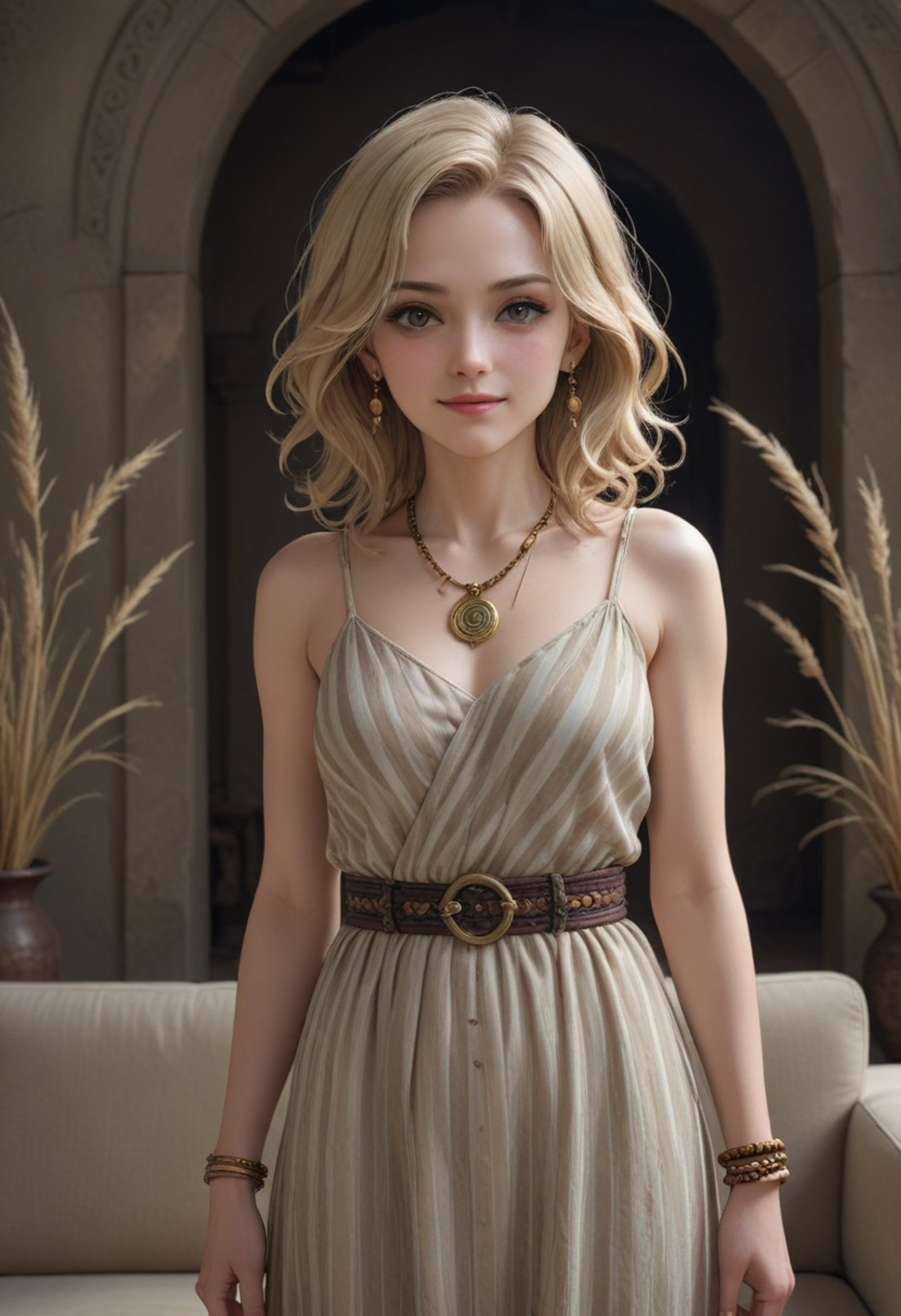 adrr shaman, female middle-aged woman 35yo, shoulder-length straight blonde wavy hair, parted on the side, smiling gently with crinkled eyes. Wearing a beige striped tunic dress with a diagonal waist tie, matching belt detail, and a delicate gold necklace with thin chains and a small round earring in the left ear. Left wrist has a dark woven bead bracelet; hands clasped near waist with right hand on belt loop. Fair skin with warm undertones. Indoor modern room, well-lit by natural light from an archway behind. Background includes a beige sofa and a tall woven basket of dried grasses. Realistic portrait photography, f8-11 aperture, ISO 100-200, neutral color grading, tripod shot, direct flattering angle, visible polarizing glass distortion on the left.