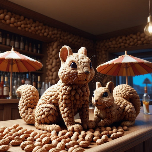nutstylesnut, A detailed cinematic shot of a peanut character and a fluffy squirrel sitting together at a bar counter completely crafted from giant peanuts. They are sipping colorful cocktails decorated with tiny paper umbrellas. The squirrel has a distinct, funny guilty expression on its face, looking sideways. Warm bar lighting, macro photography, high depth of field, 8k resolution, photorealistic textures.