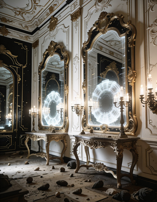 ultra-detailed rococo sanctuary, post-human future,human remnants, oversized gilded frames encasing holographic voids, 
fractal moldings in black gold and translucent ivory, 
mirrors reflecting adjacent dimensions, 
bioluminescent candelabras, warped proportions, uncanny symmetry, 
dust of centuries on baroque furniture, floating data streams 
woven into ornamental plasterwork, eerie reverence atmosphere, 
cinematic lighting, depth of field
ultra-detailed rococo s4nctu4ry  <lora:training_1715964-20260301163514302:1>, Masterpiece,best quality,hi res,8k,(sharp focus, intricate, highly detailed),