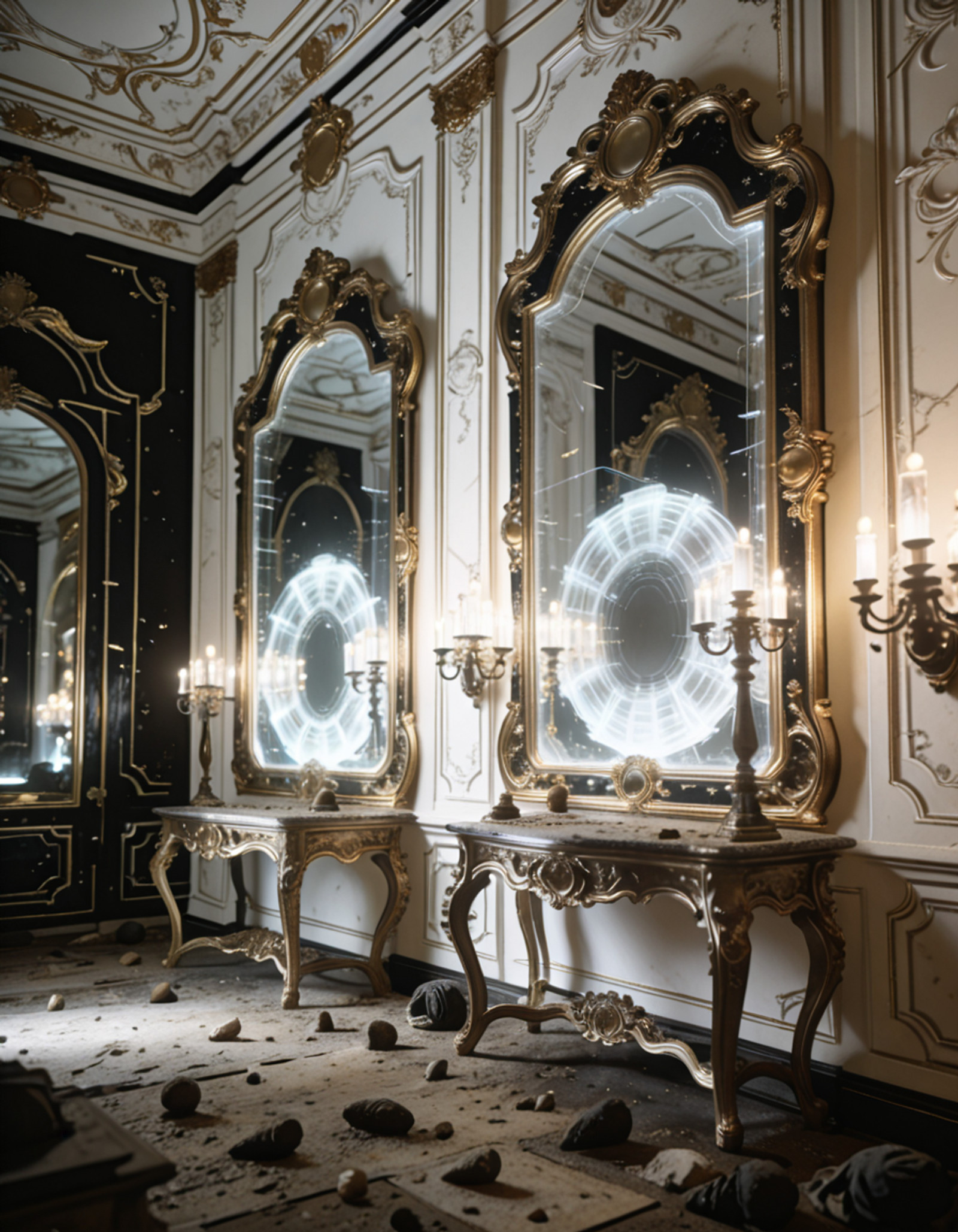 ultra-detailed rococo sanctuary, post-human future,human remnants, oversized gilded frames encasing holographic voids, 
fractal moldings in black gold and translucent ivory, 
mirrors reflecting adjacent dimensions, 
bioluminescent candelabras, warped proportions, uncanny symmetry, 
dust of centuries on baroque furniture, floating data streams 
woven into ornamental plasterwork, eerie reverence atmosphere, 
cinematic lighting, depth of field
ultra-detailed rococo s4nctu4ry  <lora:training_1715964-20260301163514302:1>, Masterpiece,best quality,hi res,8k,(sharp focus, intricate, highly detailed),