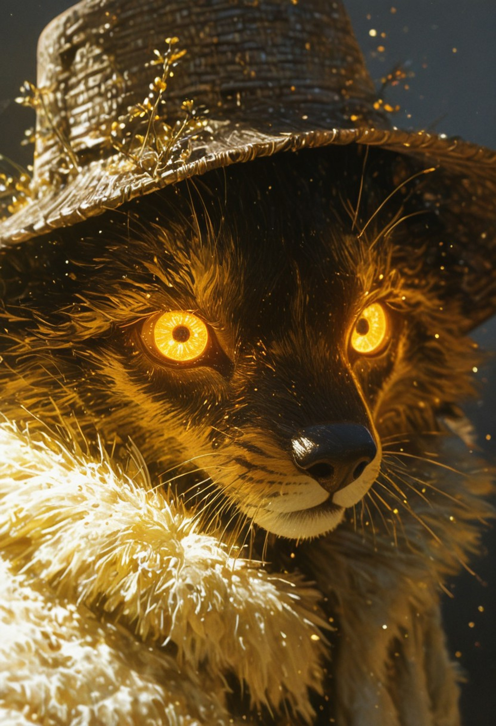 (EyesHD:1.2), (4k,8k,Ultra HD), closeup, detailed face, perfect face, perfect body.masterpiece, best quality, ultra-detailed, very aesthetic, depth of field, best lighting, detailed illustration, detailed background, cinematic,  
hyper-realism, full body composition, soft light, soft shadows, large fur bucket hat with dried flowers, portrait, oversized fur jacket with glitter detail, strong light reflections on face, glass-like glowing eyes with sharp reflections, round face with soft angles, eyes open, looking straight ahead, glowing yellow and fuchsia highlights, (masterpiece), (ultra high detail), (sharp focus), (crisp edges), (high clarity), defined facial contours, clarity-enhancing light, photographic detail, cinematic atmosphere, surrealism and hyperrealism. detailed CG unity, masterpiece, high quality, best quality, absurdres, 8k resolution, 
BREAK