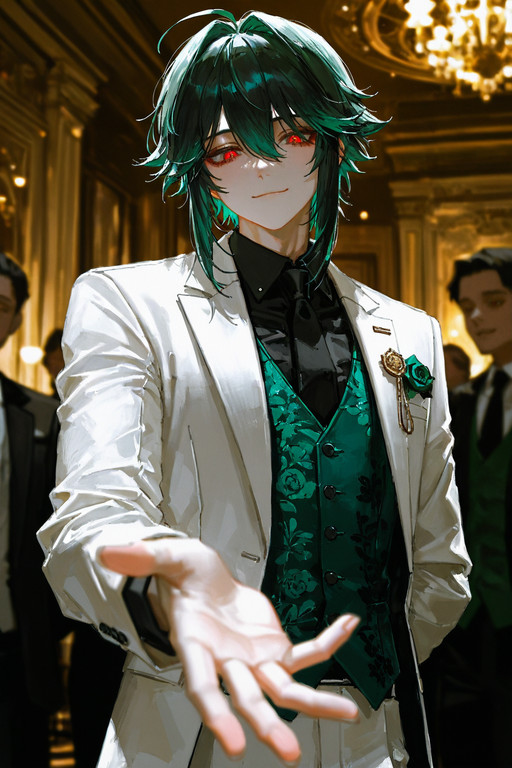 Core Subject: 1boy, (adult:1.2),taller male, solo, short messy black green hair , demonic red eyes, small smile, slightly looking_down, 
BREAK 
Outfit: white suit, green floral vest, black necktie, black clawed,
BREAK 
Action: close up view, (upper_body:1.2), one hand behind back, reaching hand towards viewer, POV,
BREAK 
Background: victorian, (ballroom:1.2), blurry background, people dancing, cinematic lighting,
BREAK
Style/Artist: graffiti style breathtaking texture masterpiece, best quality, best quality, [quasarcake:crain1art:9], [dlgeria::9], (xxyt-xx:0.85), chen bin, (as109:0.5), fagun_yibei, berryverrine, masterpiece, best quality, good quality, masterpiece, award-winning, professional, highly detailed . street art, vibrant, urban, detailed.
 <lora:NOOB_vp1_detailer_by_volnovik_v1:1.0> <lora:96YOTTEA-WAI:0.5>