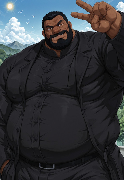 1boy, male, muscular male, chubby, fat, bulky, stocky, hyper muscle, muscle gut, large gut, thick neck, broad shoulders, big massive pectorals, wide jawline, big head, solo, SenshiKyra90s, tanned skin, facial hair, facial scars, serious expression, smirk, 
black trench coat, long coat, black nehru jacket, mandarin collar, button-up shirt, black trousers, dress pants, all black outfit, formal wear, button details, looking at viewer,
Outside, day scene, aesthetic view, aesthetic background, mountain, trees, birds, sun, clouds, skyline, full view, detailed background,
((portrait, face focus, upper body)), 
close-up, form behind, half-closed eyes, head tilt, V, gesture peace,
high resolution, extremely-detailed, detailed hair, detailed muscles, cinematic lighting, highres, absurdres, newest, masterpiece,