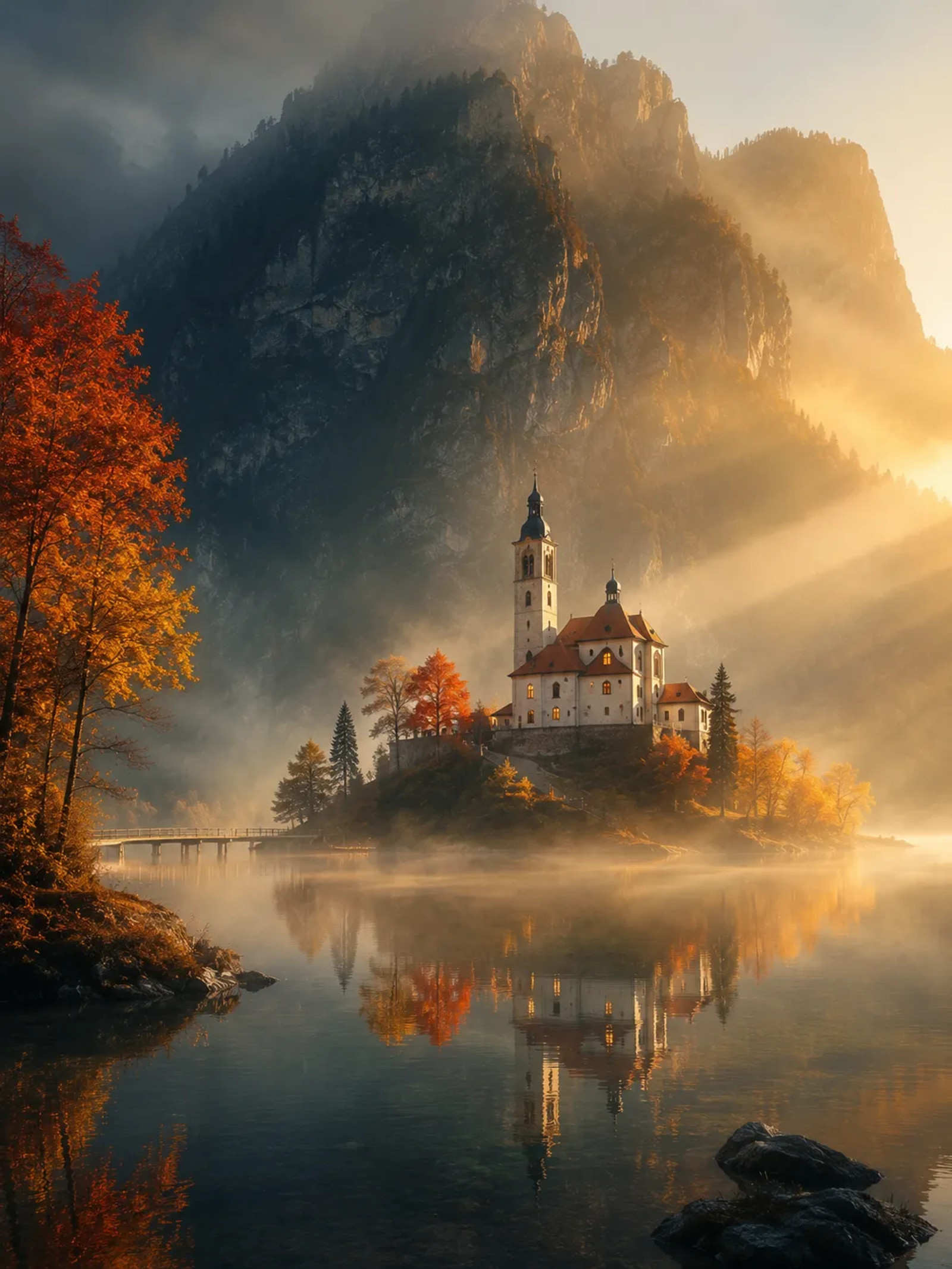 A misty alpine lake at golden hour frames a secluded white church on a small island, surrounded by autumn trees and glowing reflections. Towering dark mountains rise behind it while warm sunbeams cut through the fog, creating a serene, cinematic, and mystical atmosphere.