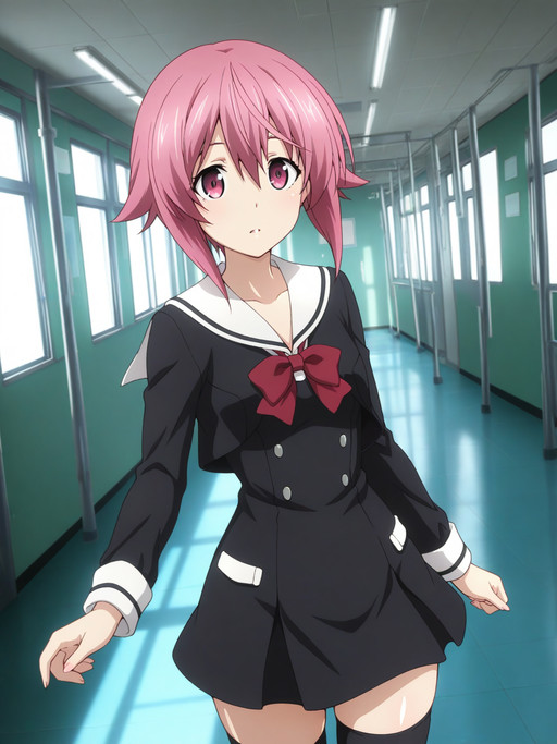 masterpiece,best quality,amazing quality,very aesthetic,absurdres,ultra detailed face,ultra detailed eyes, 4fingers, 1girl, contrast lighting, shiny skin, glossy skin, solo,
(SerikaOnoe, pink eyes, pink hair, short hair),
school uniform, short black dress, long sleeves, sailor collar, bowtie, black thighhighs, white loafers,
cowboy shot,