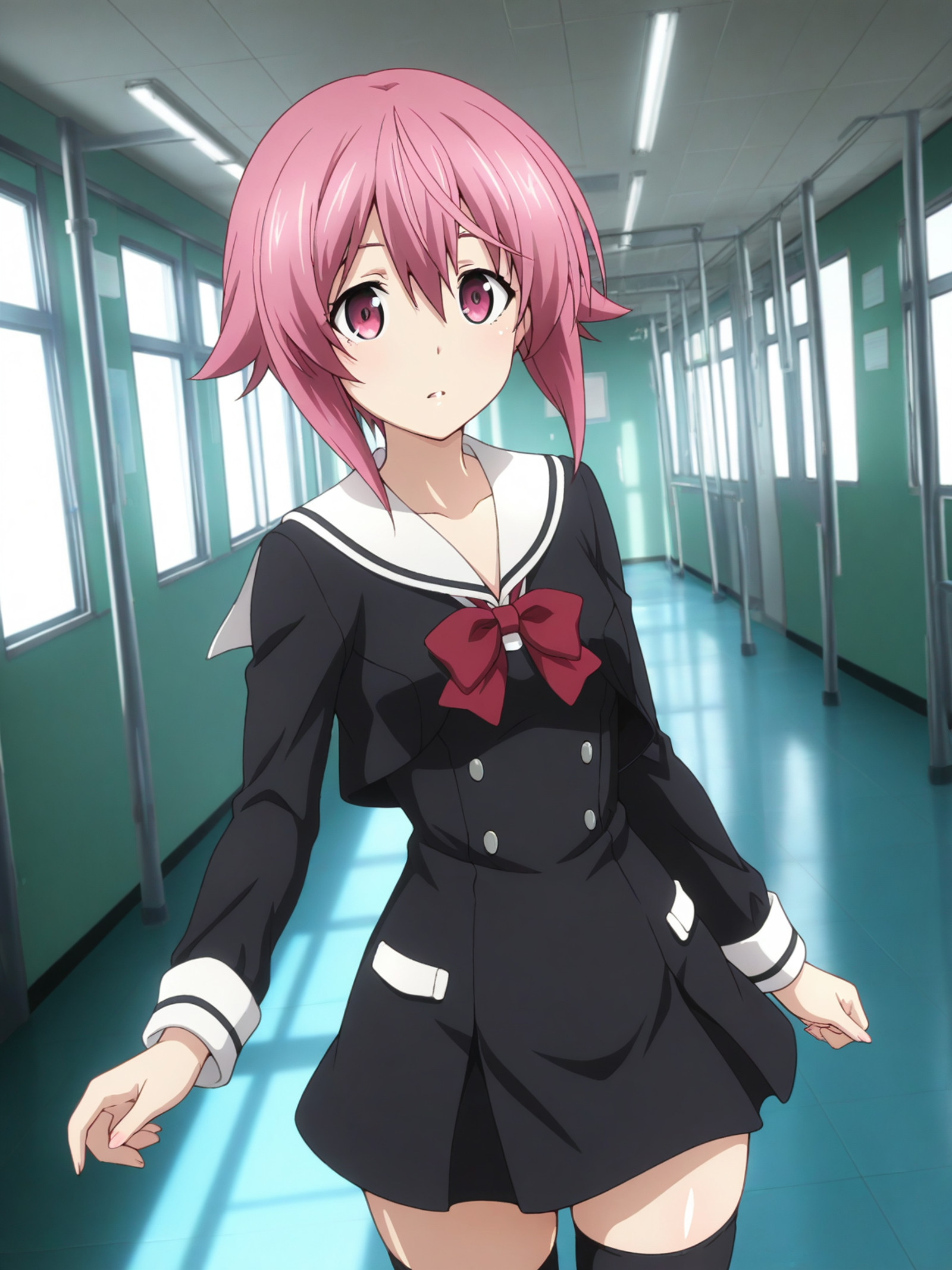 masterpiece,best quality,amazing quality,very aesthetic,absurdres,ultra detailed face,ultra detailed eyes, 4fingers, 1girl, contrast lighting, shiny skin, glossy skin, solo,
(SerikaOnoe, pink eyes, pink hair, short hair),
school uniform, short black dress, long sleeves, sailor collar, bowtie, black thighhighs, white loafers,
cowboy shot,