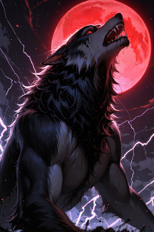  GVArgr, (red moon:1.3), moon, no humans, WOLF, werewolf, male werewolf, masterwork, masterpiece, best quality, dynamic lighting , dynamic pose, dynamic angle, ,lightning storm, , detailed, depth of field, dynamic lighting, blurry, close-up shot, focus on face, dimly lit, black ink, low-key, inked lines, dark atmosphere in the style of cksc, lineart. duotone. pale colors. ((Horror)) setting.