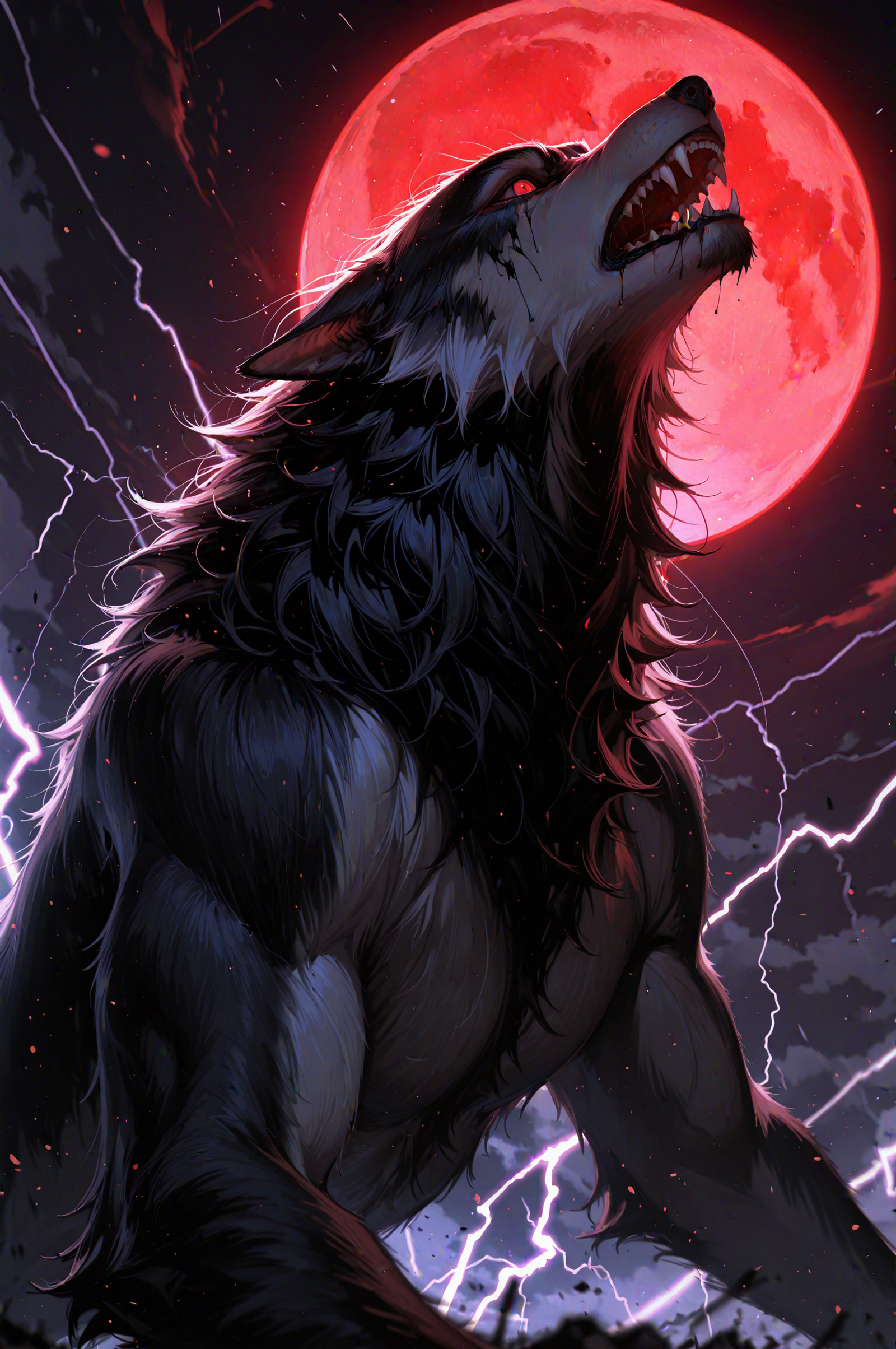  GVArgr, (red moon:1.3), moon, no humans, WOLF, werewolf, male werewolf, masterwork, masterpiece, best quality, dynamic lighting , dynamic pose, dynamic angle, ,lightning storm, , detailed, depth of field, dynamic lighting, blurry, close-up shot, focus on face, dimly lit, black ink, low-key, inked lines, dark atmosphere in the style of cksc, lineart. duotone. pale colors. ((Horror)) setting.