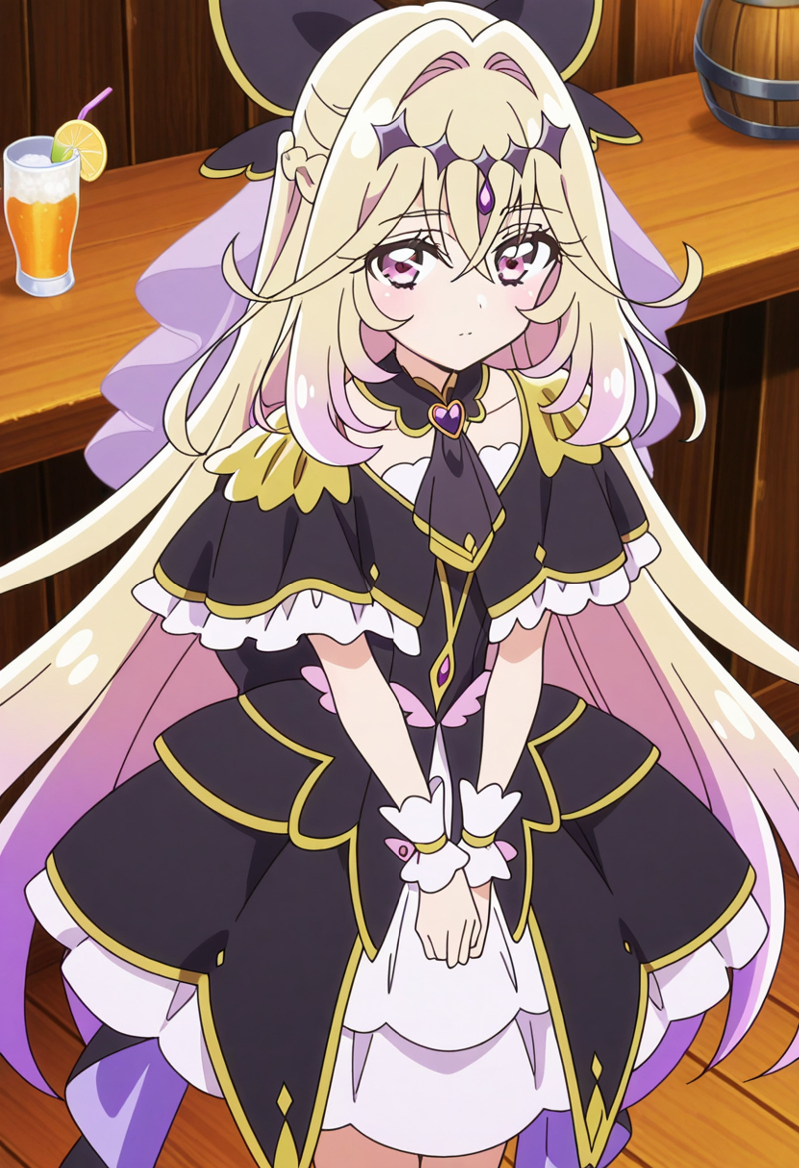 masterpiece, best quality, amazing quality,, cowboy shot, solo, looking at viewer, , <lora:moria-luluka-anime-illustriousxl-lora-nochekaiser:1>, moria luluka, long hair, blonde hair, very long hair, purple eyes, pink hair, braid, purple hair, multicolored hair, hair bow, pink eyes, gradient hair, anime screencap, dress, frills, black dress, wrist cuffs, ascot, black bow, capelet, magical girl, veil, epaulettes, black capelet, from above,, tavern, drinks, rustic,