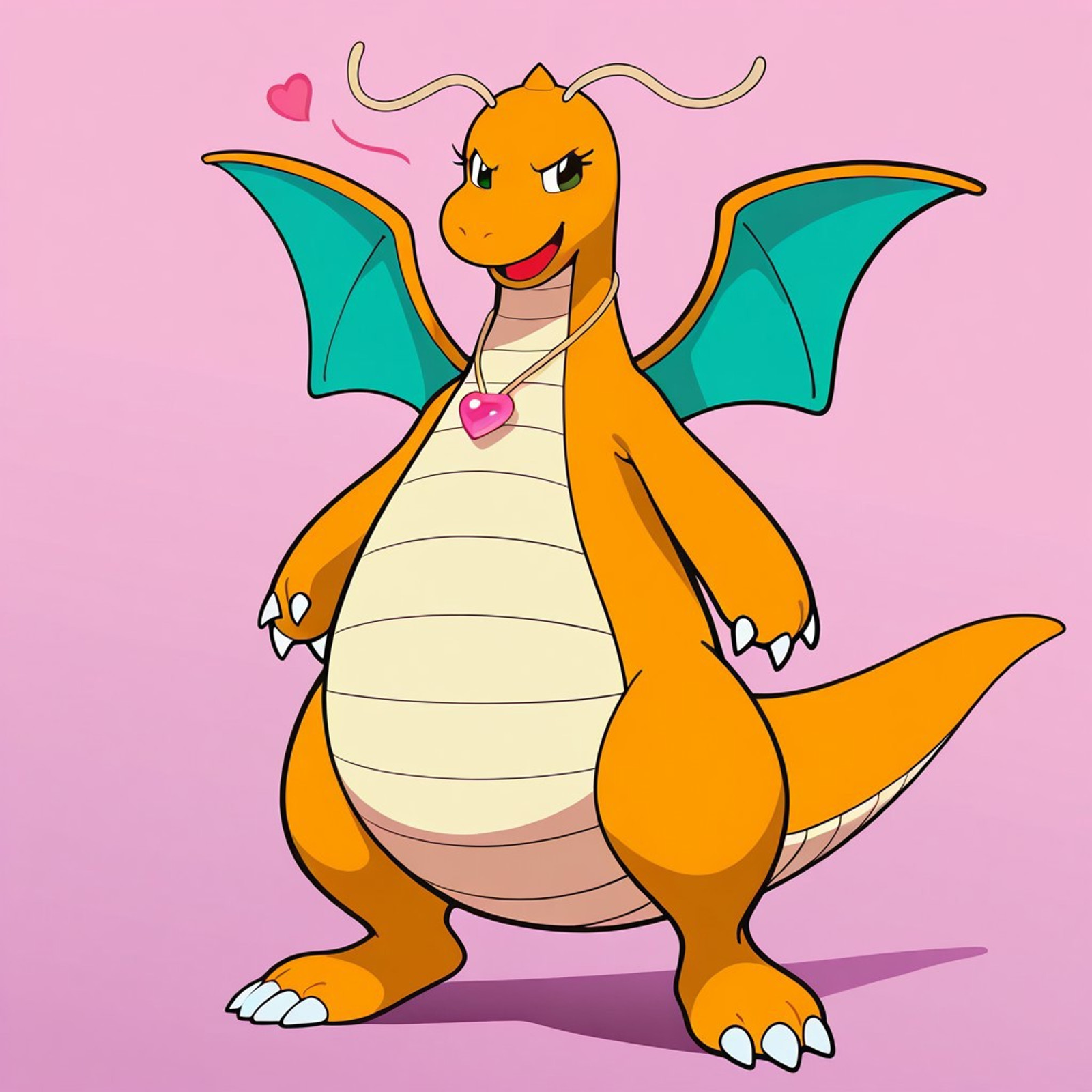 (((SFW, safe for work, PG, clean))))
dragonite, pokemon, light orange skin, dark eyes, light cream underbelly, teal wing membranes, wings, three claws on each foot, three claws on each hand
female, girly, (((long eyelashes))), very feminine 
full body, solo, wearing pink heart necklace, front view, (((smug))), long eyelashes, (((tough))), girly, standing confidently, solo, happy, smiling, smirk, open eyes, open mouth, flirty
 (((soft pink background)))
 score_9, score_8, score_7, no humans, 8k, best quality, amazing quality, (((safe_pos)))