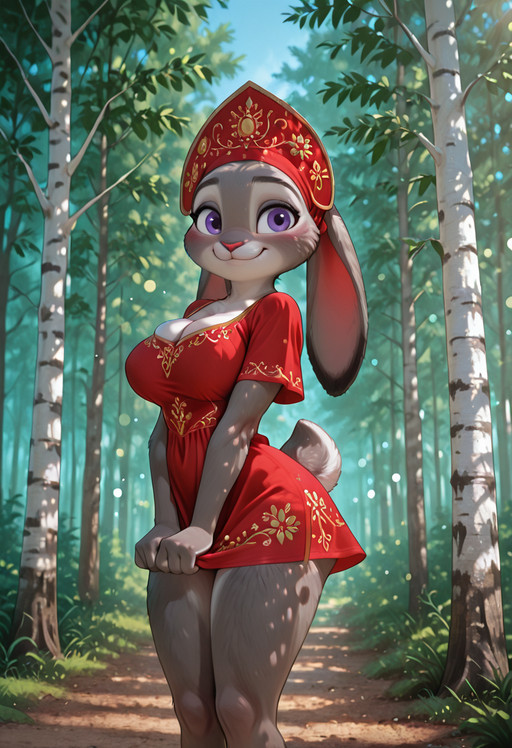 masterpiece, best quality, absurdres, highres, high quality, highly detailed, official art, 3d, amazing quality, detailed background, dramatic lighting, rim lighting, fill light, (bokeh:1.5)   ,
JudyHopps, solo, purple eyes,  thin waist, wide hips, furry female, bunny girl, bunny ears,  ears down, rabbit tail, ((ultra detailed fur:1.5)), Judy Hopps, thin waist, big rabbit tail, big detailed purple eyes, curious look, tilted head, shy smile BREAK   dynamic pose,  presenting, perfect huge breast, saggy breasts, long legs, sarafan, kokoshnik_headdress, rusdress,  short dress, birch tree, forest, detailed background,blush, smile,   BREAK day, sun light, outdoors, 8k, UHD, HD, absurdres, masterpiece, intricate detail, highly detailed, fill light, cinematic lighting, photorealistic, g0th1c <lora:judyhopps-v3-Yiffy:0.2> <lora:incoth:0.5> <lora:AddMicroDetails_NoobAI:0.5> <lora:NM_graduation:1> <lora:Russian_national_dress_r1:0.5>