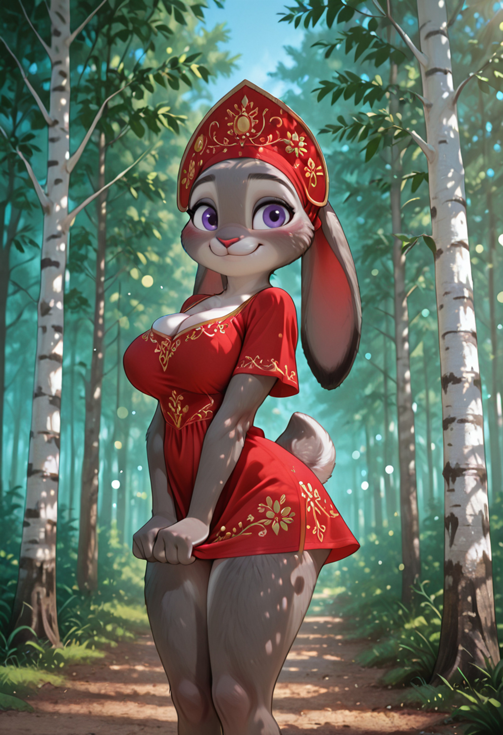 masterpiece, best quality, absurdres, highres, high quality, highly detailed, official art, 3d, amazing quality, detailed background, dramatic lighting, rim lighting, fill light, (bokeh:1.5)   ,
JudyHopps, solo, purple eyes,  thin waist, wide hips, furry female, bunny girl, bunny ears,  ears down, rabbit tail, ((ultra detailed fur:1.5)), Judy Hopps, thin waist, big rabbit tail, big detailed purple eyes, curious look, tilted head, shy smile BREAK   dynamic pose,  presenting, perfect huge breast, saggy breasts, long legs, sarafan, kokoshnik_headdress, rusdress,  short dress, birch tree, forest, detailed background,blush, smile,   BREAK day, sun light, outdoors, 8k, UHD, HD, absurdres, masterpiece, intricate detail, highly detailed, fill light, cinematic lighting, photorealistic, g0th1c <lora:judyhopps-v3-Yiffy:0.2> <lora:incoth:0.5> <lora:AddMicroDetails_NoobAI:0.5> <lora:NM_graduation:1> <lora:Russian_national_dress_r1:0.5>