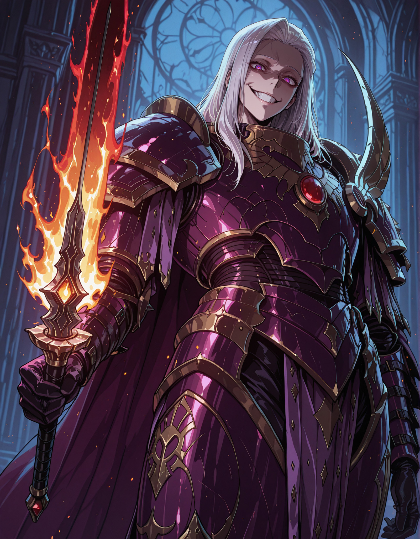 masterpiece, best quality,high quality, newest, highres,8K,HDR,absurdres, 1boy, iLLFulgrim40k, solo, armor, evil smile, violet eyes, yandere, holding a flame sword, in a palace, at night, <lora:iLLFulgrim40k:1>, <lora:iLLC0lorL1nes:0.8> C0lorL1nes