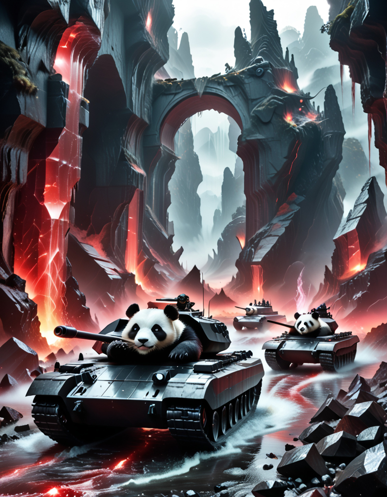 in a breathtaking scene bursting with obsidian shards, glowing reds, misty atmospheres, and that irresistible crystalline allure
lazypos,   <lora:add-detail-xl:0.85>     <lora:Obsidianify:1> army pandas on  tanks driving into battle