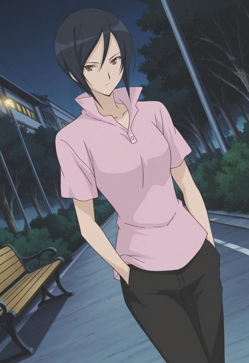 <lora:IL_Kaname_Kenjou_-_Strawberry_Panic:1>, official art, detailed art, ultra detailed art, masterpiece, anime coloring, finetuneanime, anime screencap, 2000s \(style\), kanameken, 1girl, solo, short hair, black hair, hair between eyes, red eyes, medium breast, curvy, large hips, high collar, popped collar, pink shirt, short sleeves, black pants, black shoes,
BREAK
cowboy shot, walking, looking at viewer, dutch angle, hands in pockets, serious, 
outdoors, night, road, bench, bush, building side, aesthetic, very aesthetic,