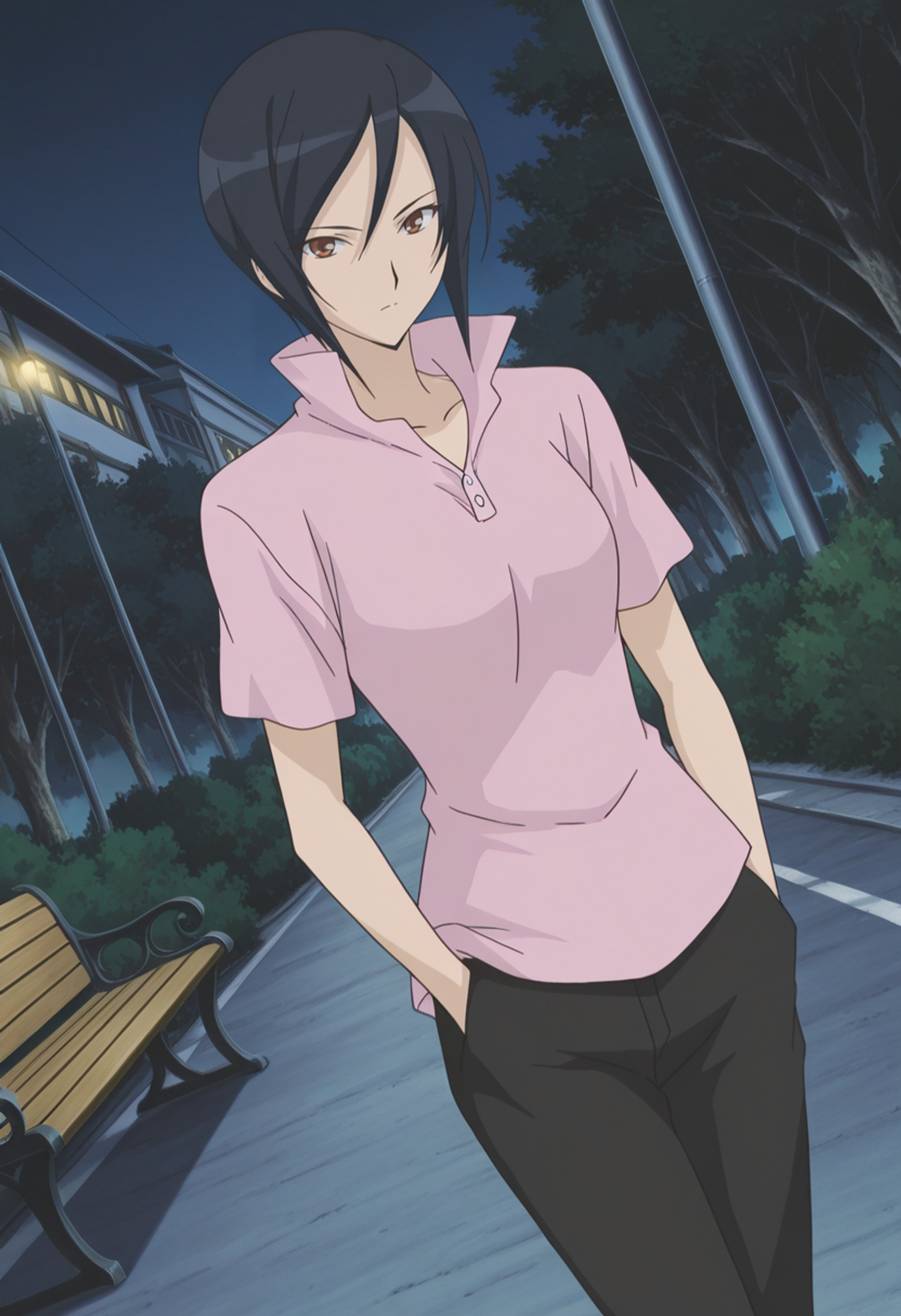 <lora:IL_Kaname_Kenjou_-_Strawberry_Panic:1>, official art, detailed art, ultra detailed art, masterpiece, anime coloring, finetuneanime, anime screencap, 2000s \(style\), kanameken, 1girl, solo, short hair, black hair, hair between eyes, red eyes, medium breast, curvy, large hips, high collar, popped collar, pink shirt, short sleeves, black pants, black shoes,
BREAK
cowboy shot, walking, looking at viewer, dutch angle, hands in pockets, serious, 
outdoors, night, road, bench, bush, building side, aesthetic, very aesthetic,