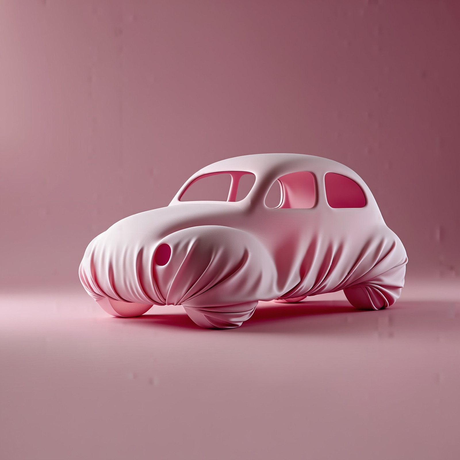 This image is a high-resolution Surreal photograph of an eccentric, fantastical car. The car is shaped like a small, rounded vehicle with a futuristic, organic design. Its body is covered in a flowing, pink material that resembles fabric, with a smooth, glossy texture. The car has a single, rounded front windshield and two side windows, both with rounded edges.